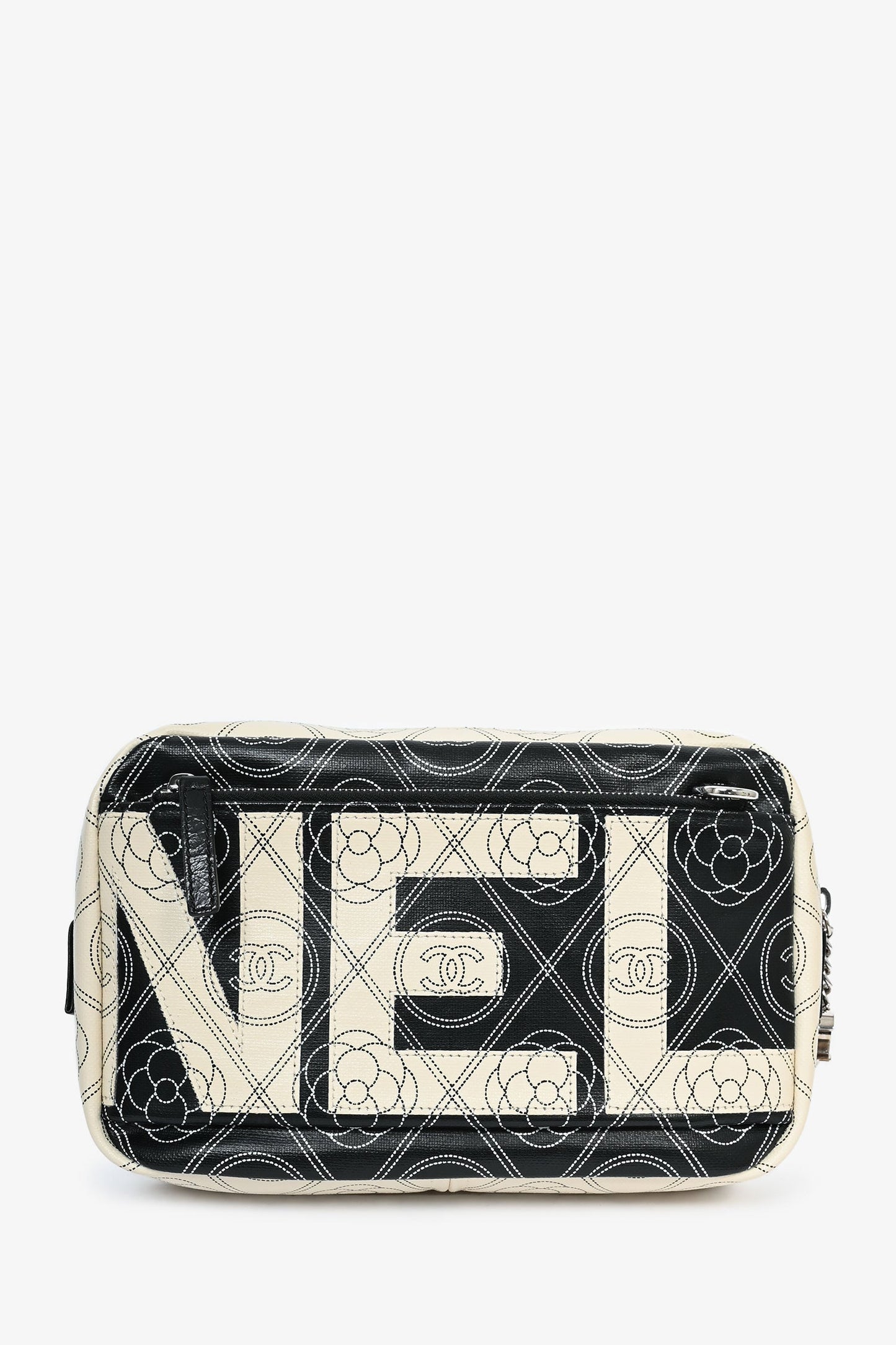 Chanel™ 2017/18 Black/White Coated Canvas Camellia Logo Camera Bag with Strap
