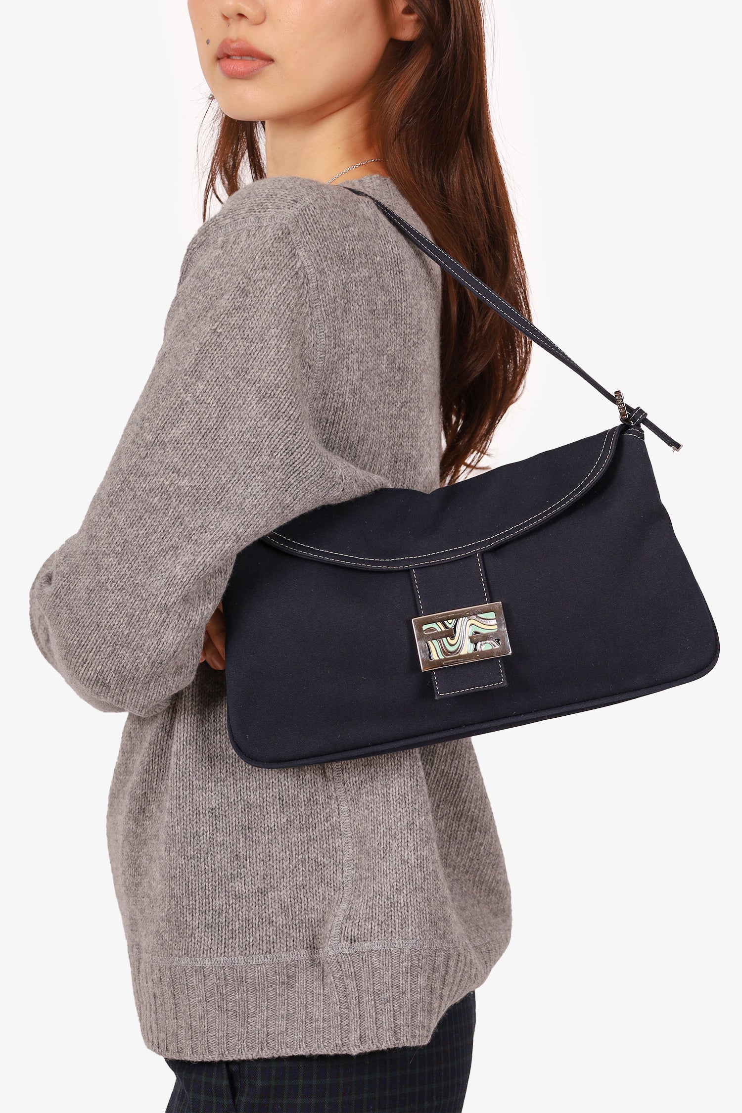 Fendi Shoulder Bag Mama Baguette Canvas Navy