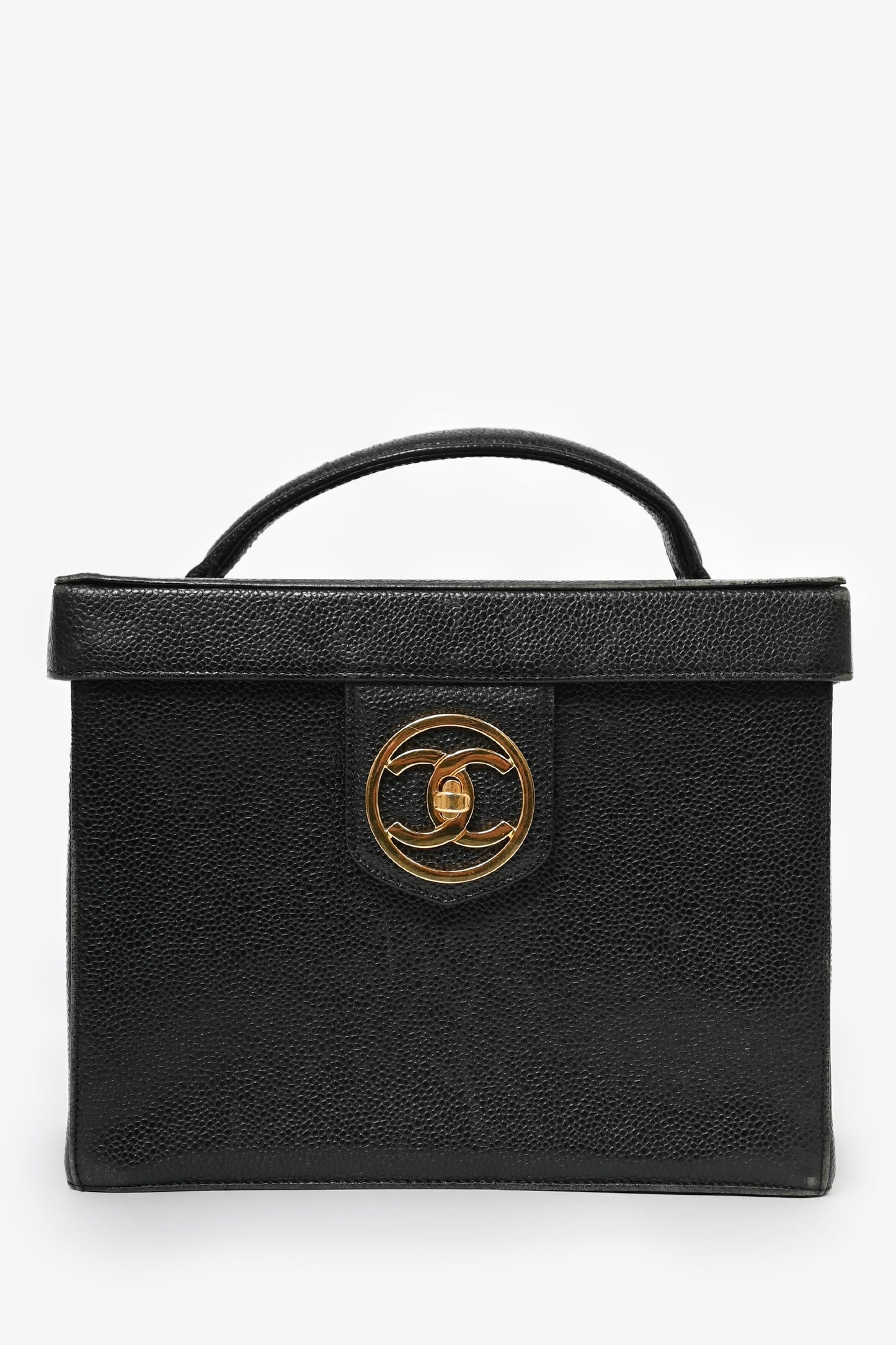 Chanel™ 1991-94   Black Caviar Leather CC Box Vanity Makeup Case with Chain Strap (As Is)