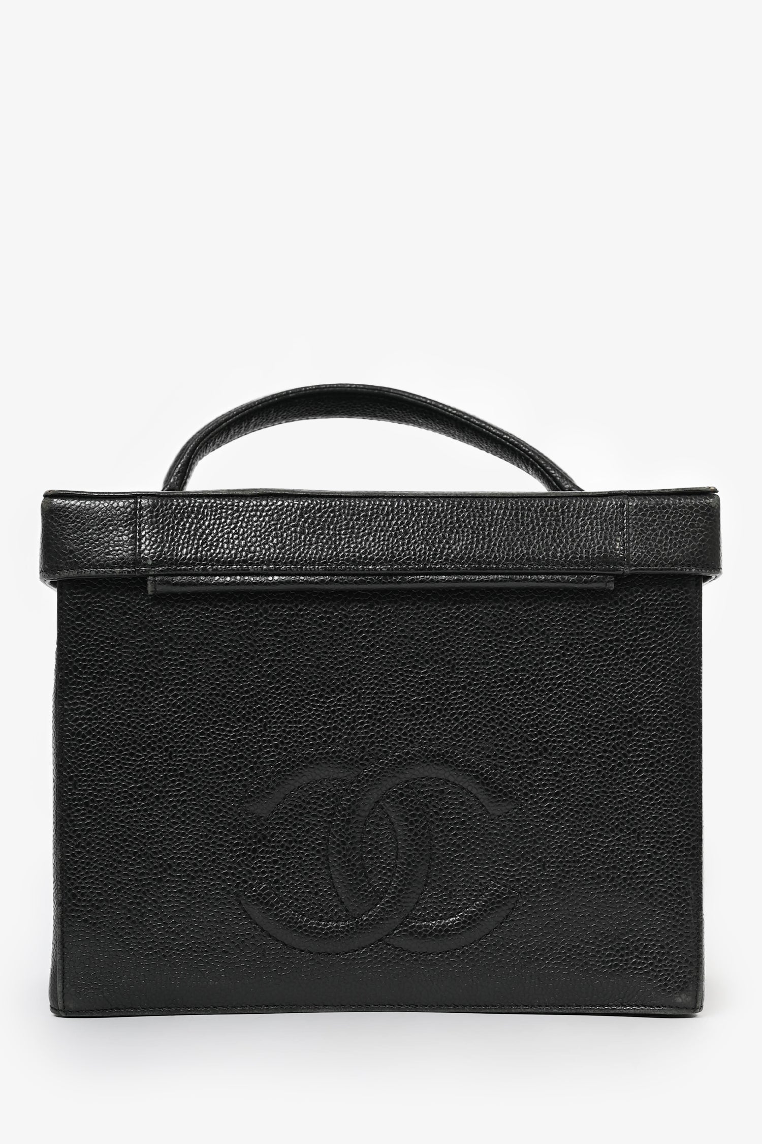 Chaneltm 1991 94 Black Caviar Leather CC Box Vanity Makeup Case with Chain Strap (as Is) Handbag