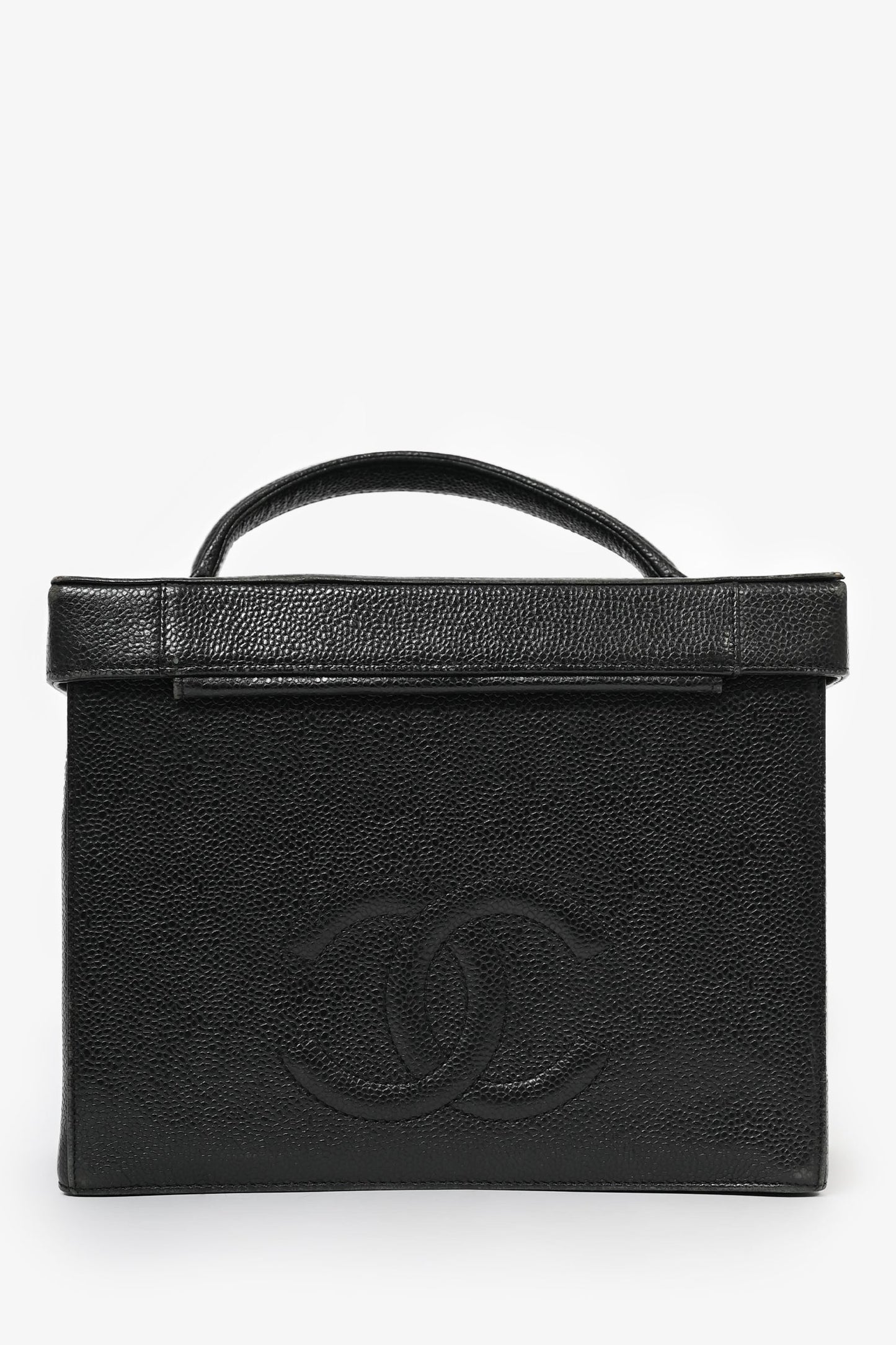 Chanel™ 1991-94   Black Caviar Leather CC Box Vanity Makeup Case with Chain Strap (As Is)