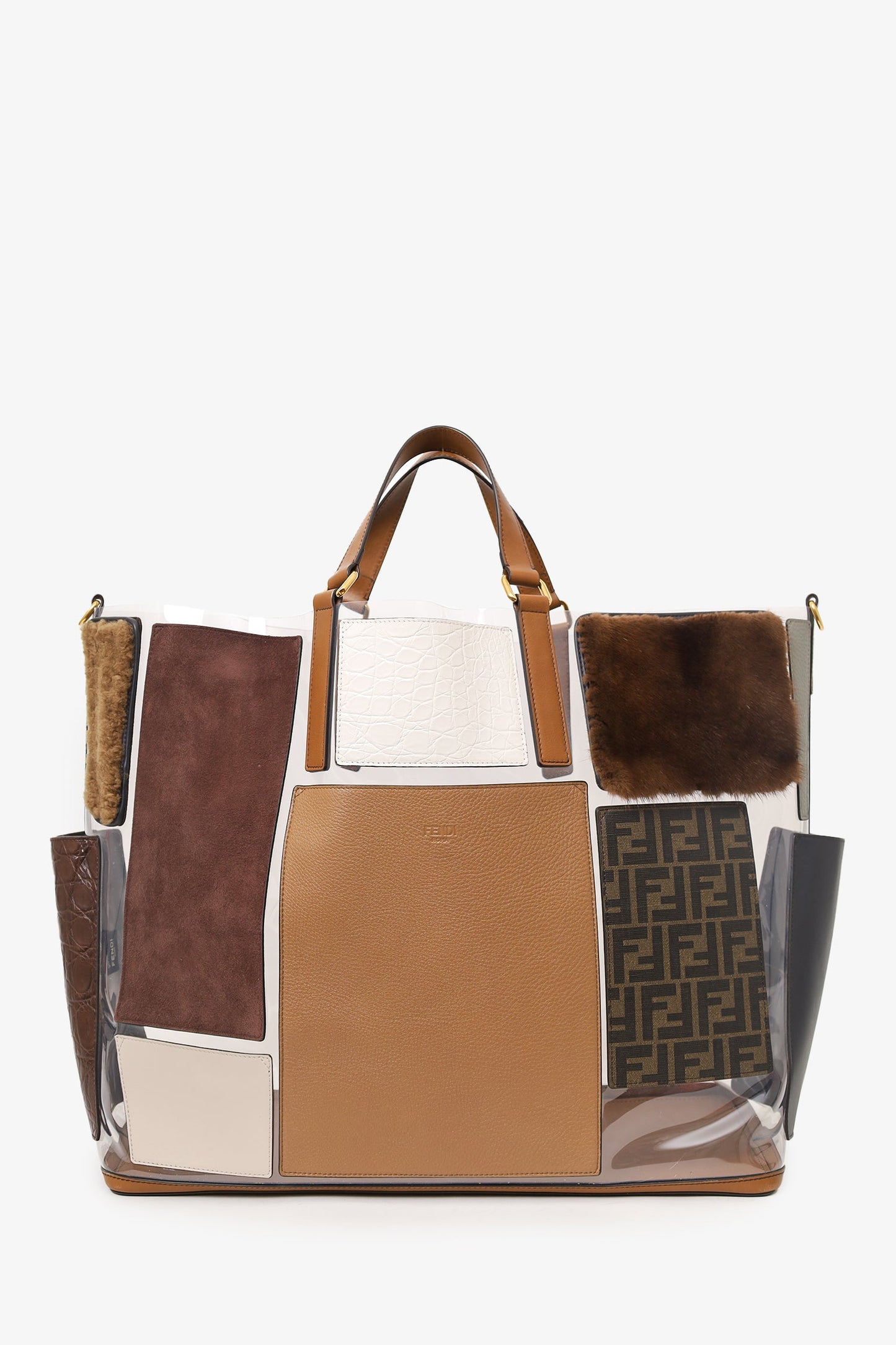 Fendi Tote Bag Vinyl Fur Forever Patch Pocket Tote Leather Brown