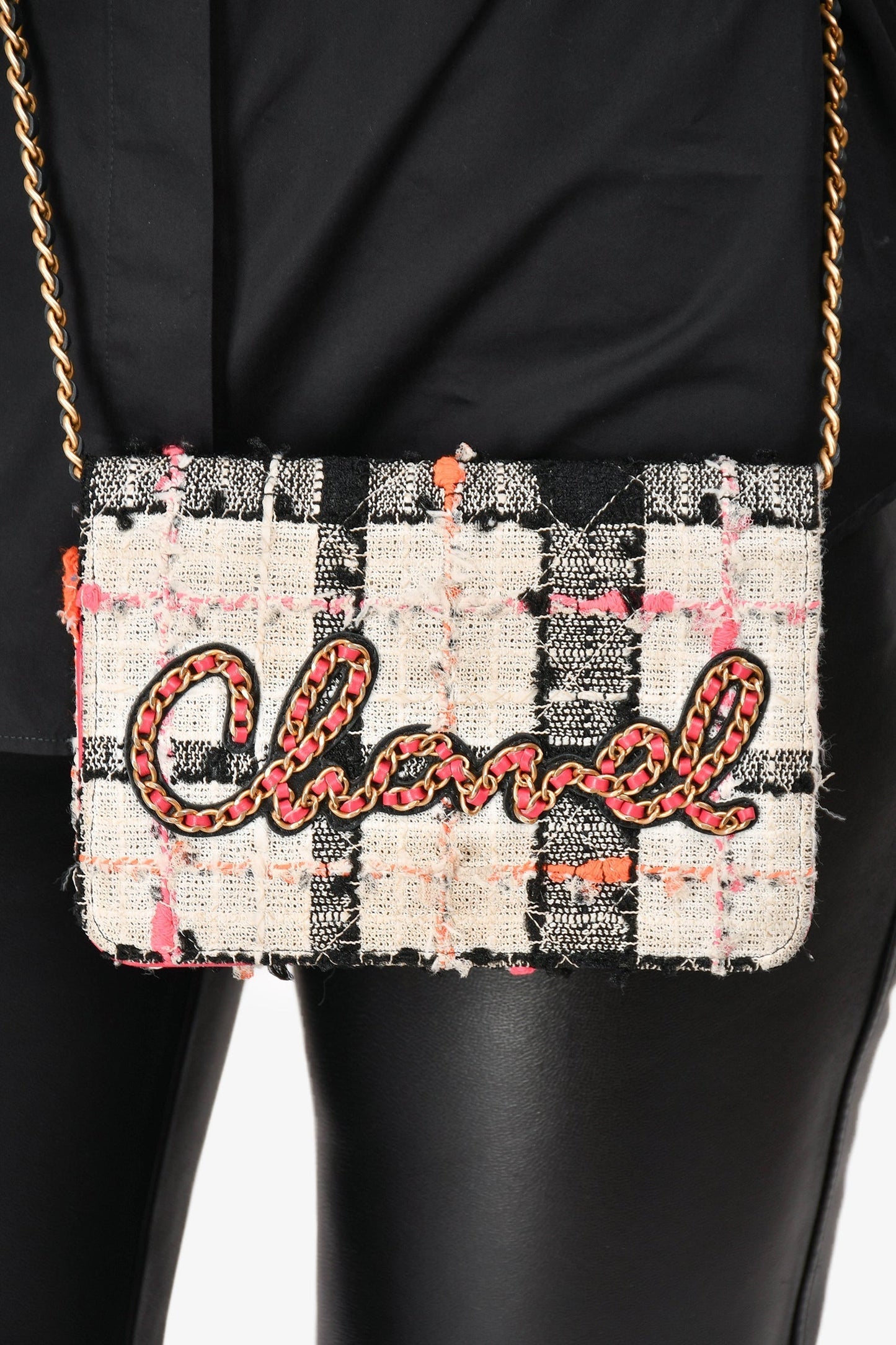 Chanel™ 2019 Pink/Black/Cream Tweed Wallet On Chain