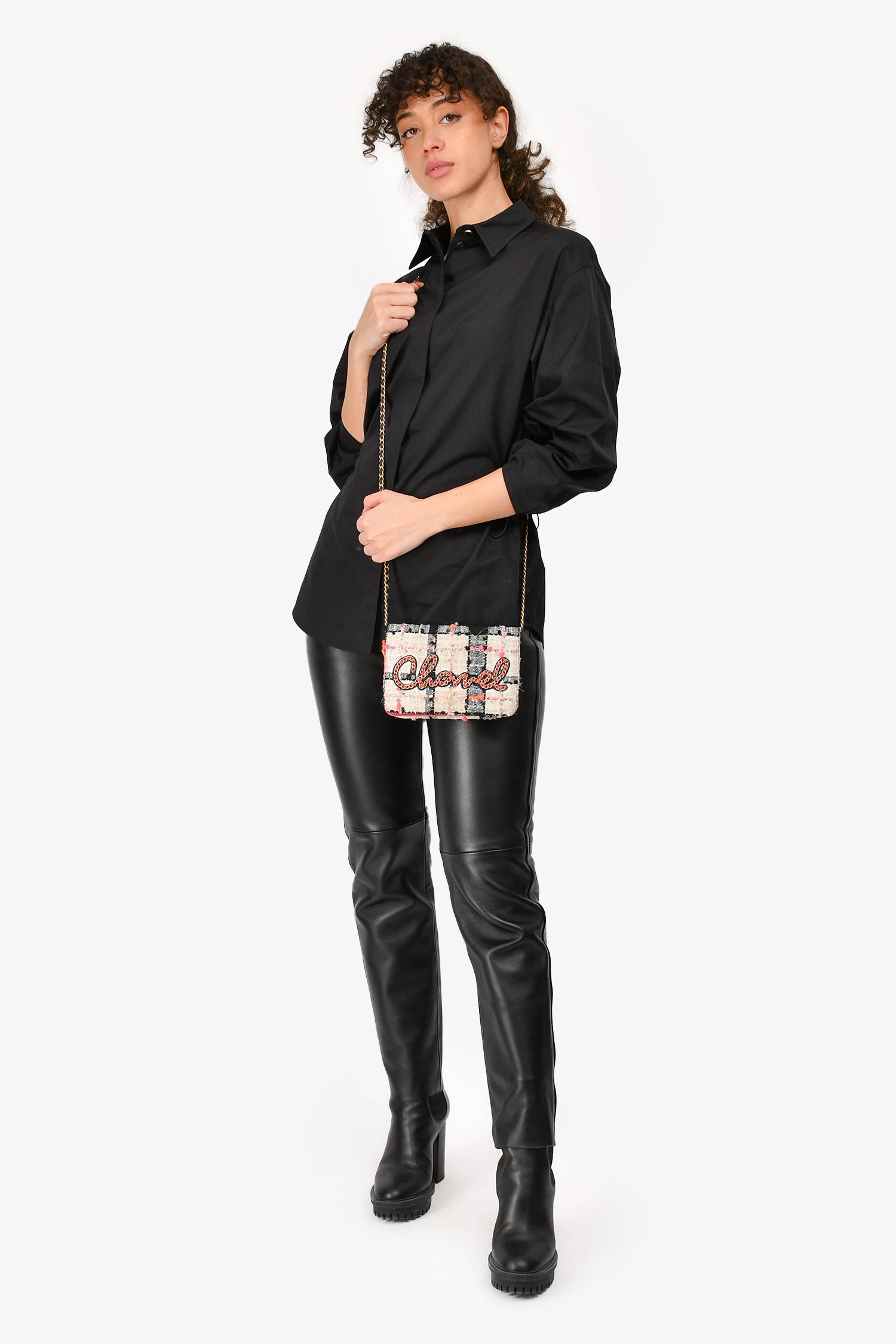Chanel™ Pink/Black/Cream Tweed Wallet On Chain Bag