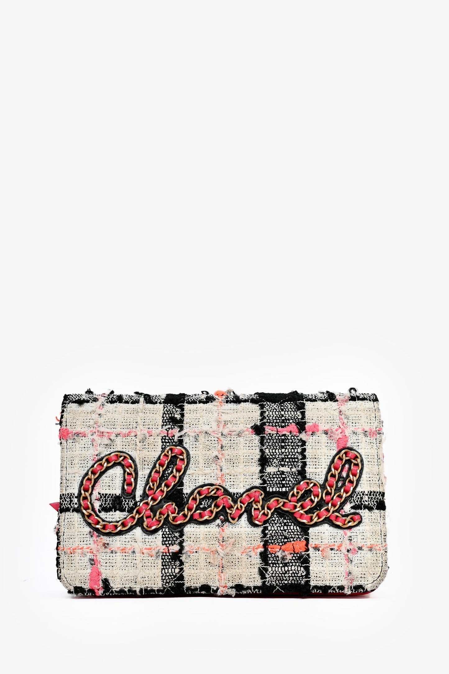 Chanel™ Pink/Black/Cream Tweed Wallet On Chain Bag