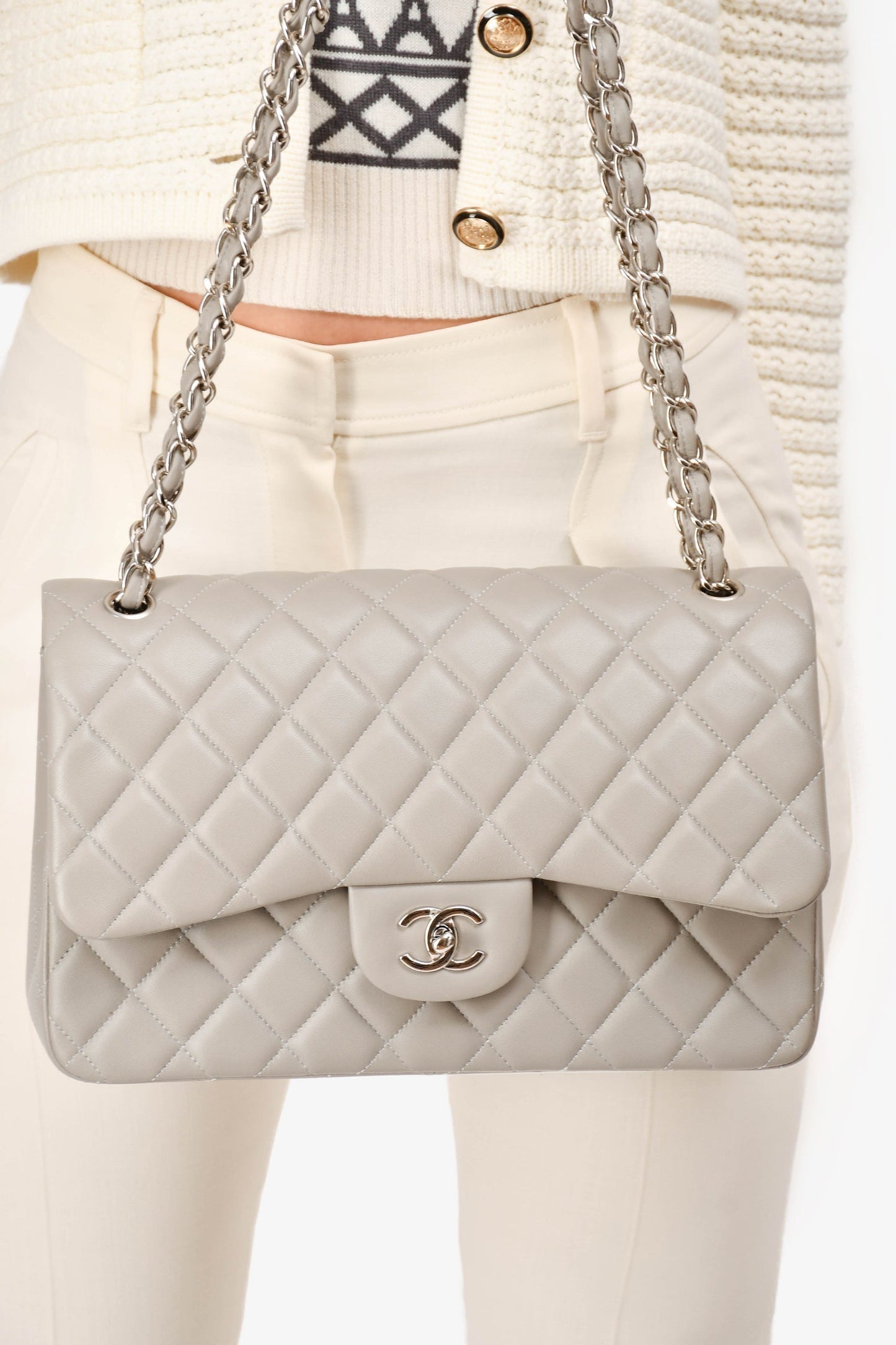 Chanel™ /20 Grey Lambskin Leather Jumbo Double Flap Bag