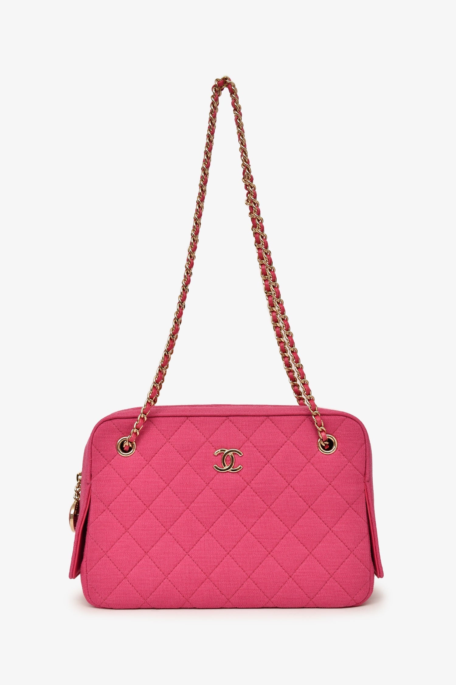 Chanel™ -20 Fuchsia Quilted Jersey Zip Double Chain Bag