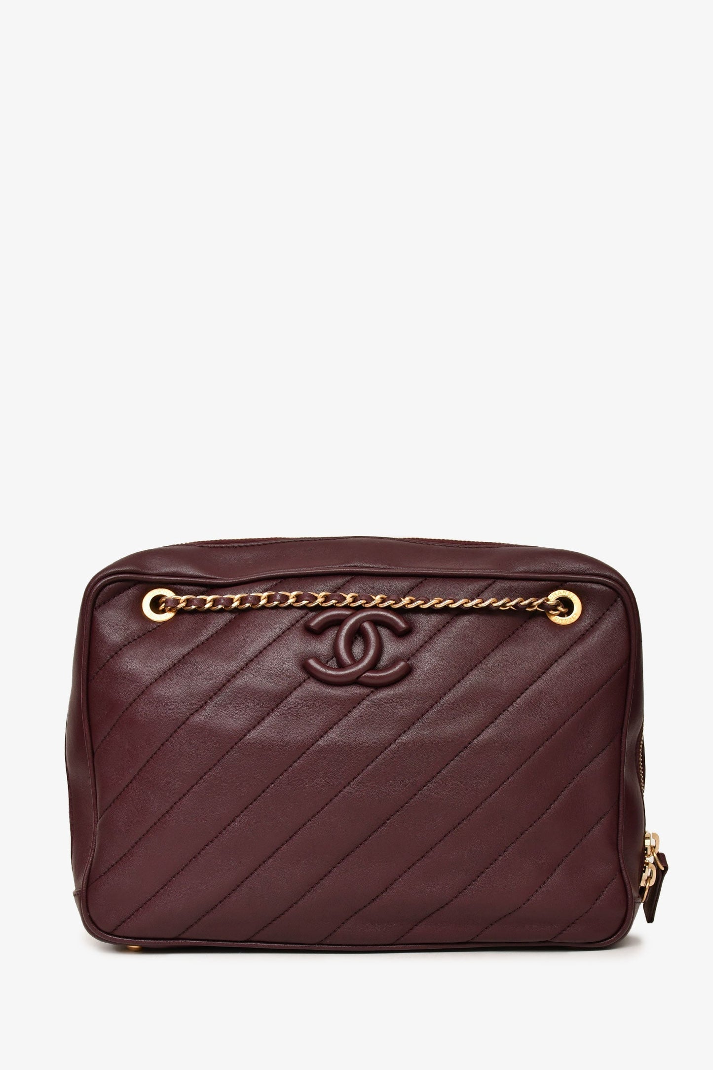 Chanel™ -16 Eggplant Purple Diagonal Leather Camera Case Double Chain Shoulder Bag