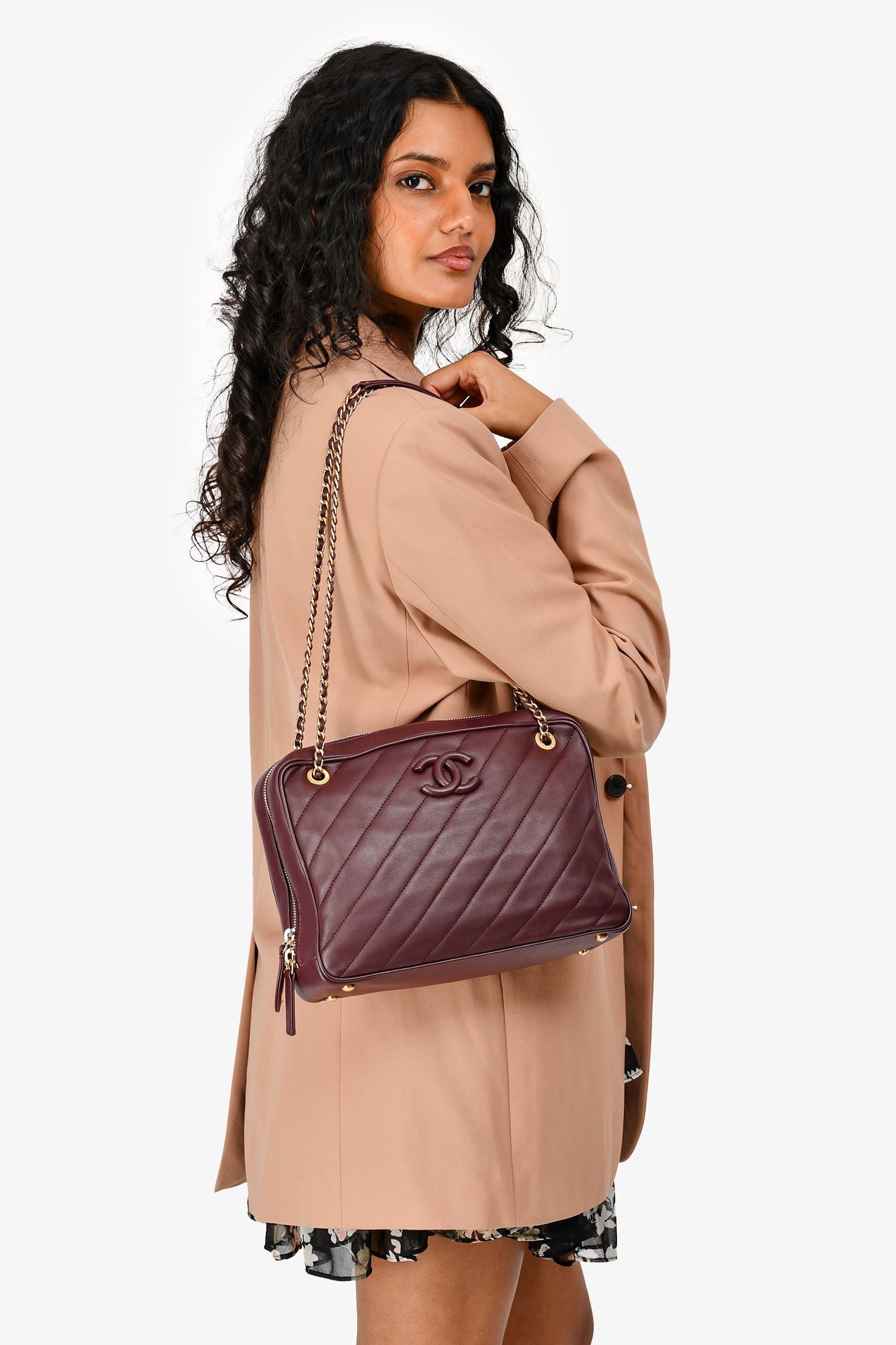 Chaneltm 2015 16 Eggplant Purple Diagonal Leather Camera Case Double Chain Shoulder Bag