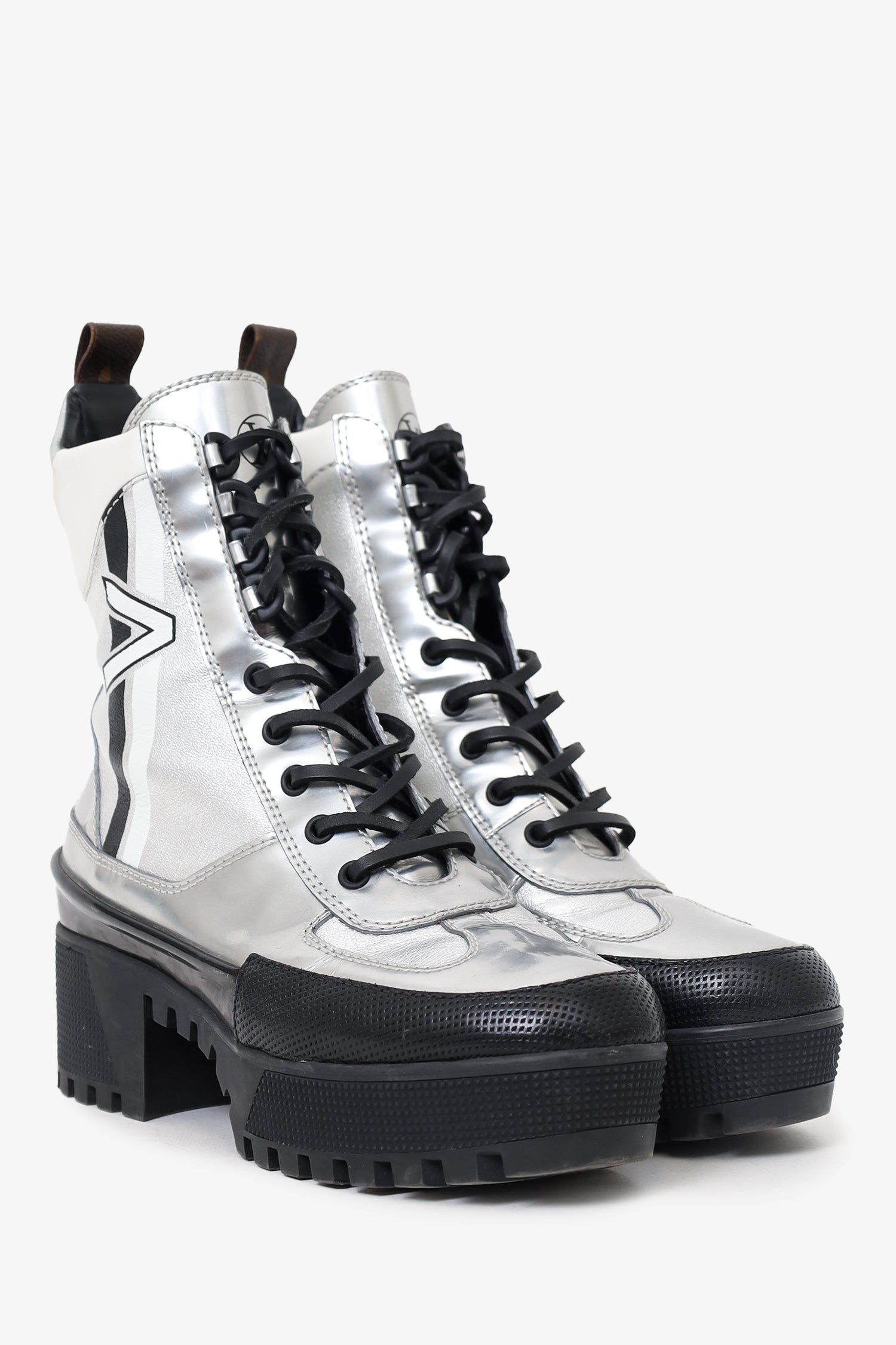 Louis Vuitton Silver Leather Spaceship Laureate Platform Desert Boots Size 38