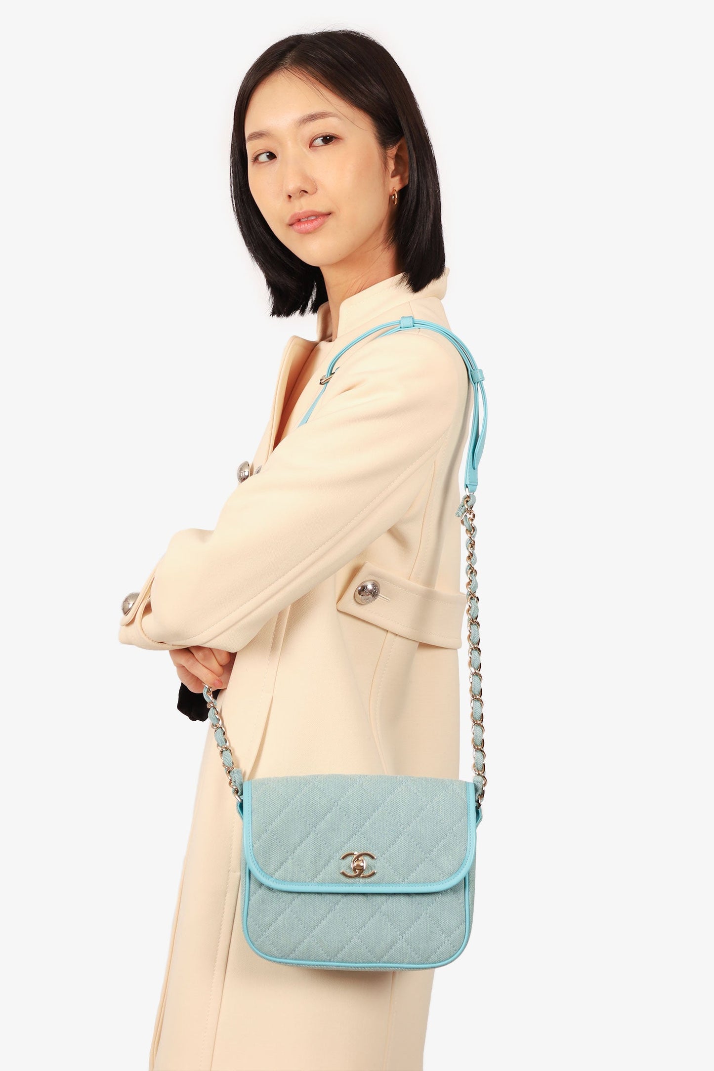 Chanel™ Blue Denim Quilted Cc Small Messenger Flap Bag