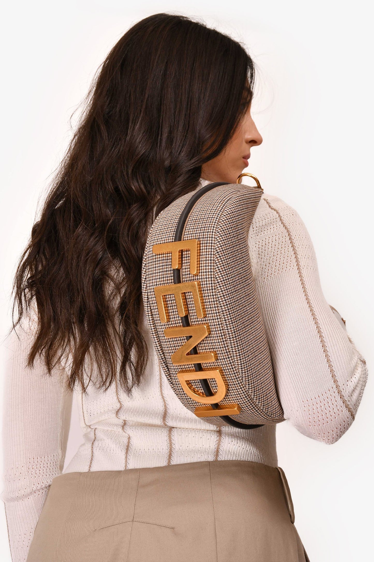 Fendi Fabric Houndstooth graphy Shoulder Bag Leather Brown Small