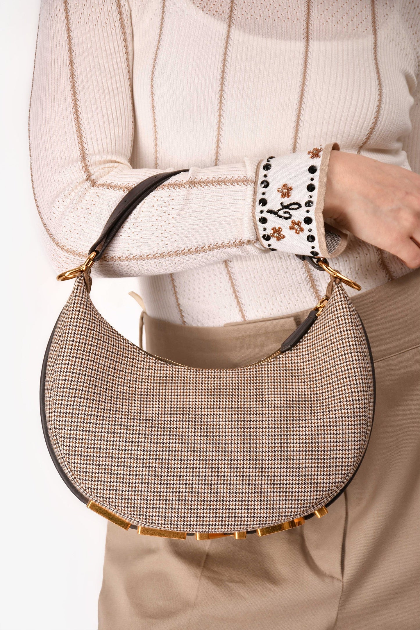 Fendi Fabric Houndstooth graphy Shoulder Bag Leather Brown Small