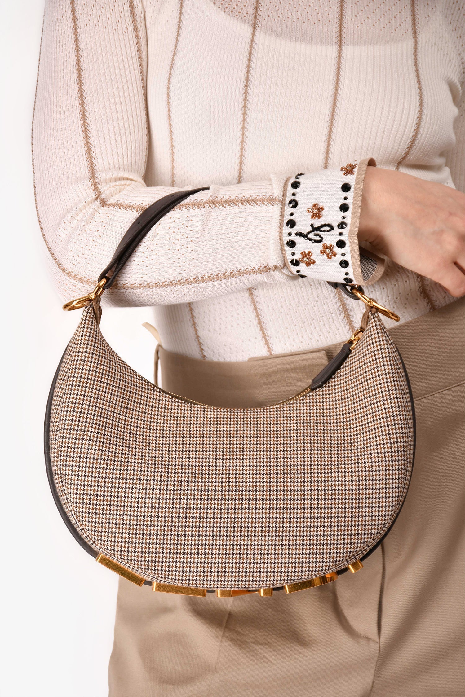 Fendi Fabric Houndstooth graphy Shoulder Bag Leather Brown Small