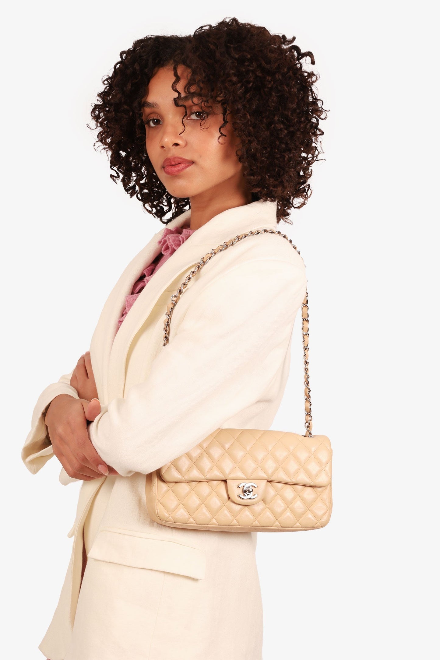 Chaneltm 2010 11 Beige Quilted Lambskin East/west Single Flap Bag