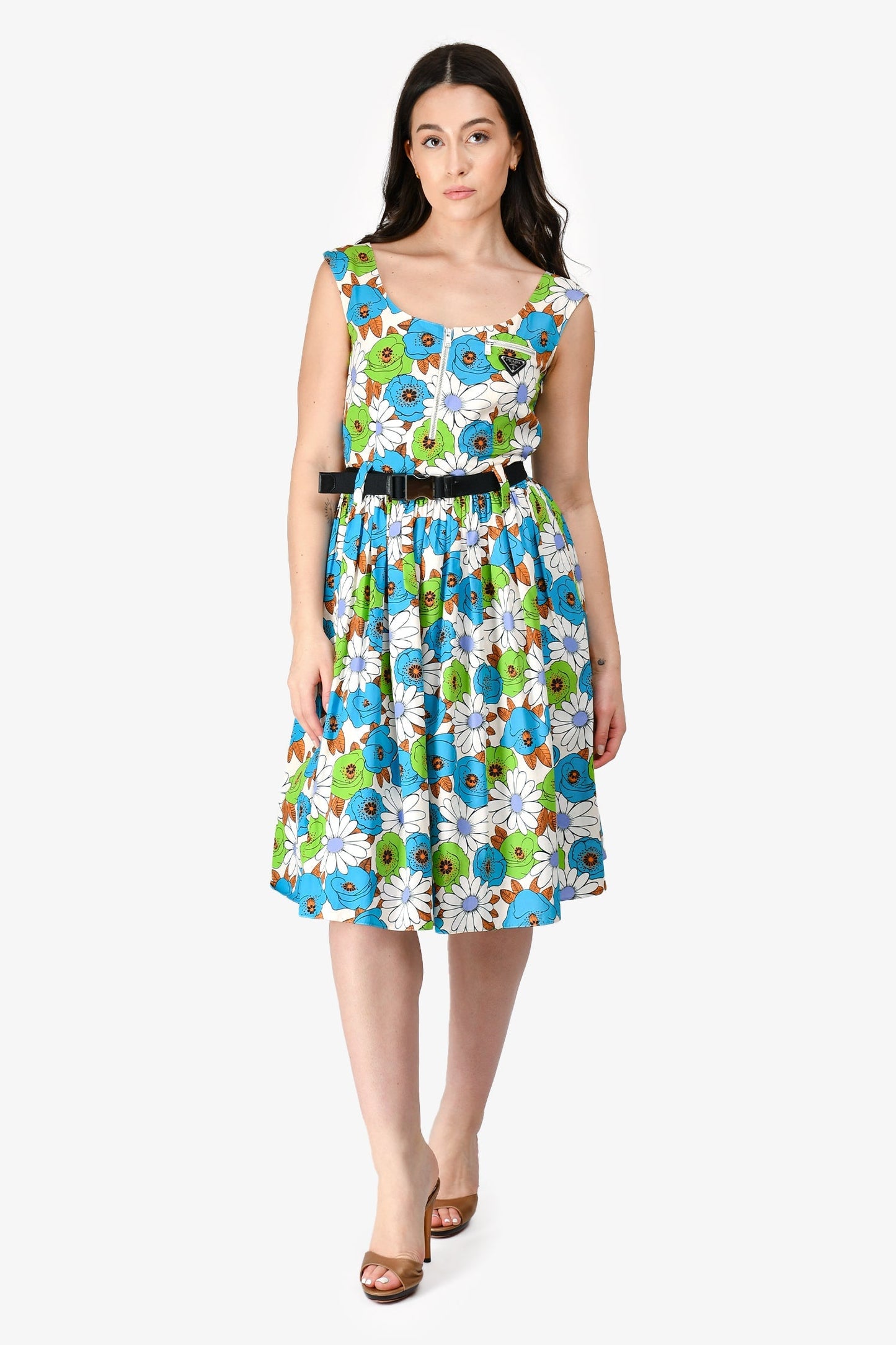 Prada Handbag Cotton Floral Triangle Pocket Belted Dress White Blue Green