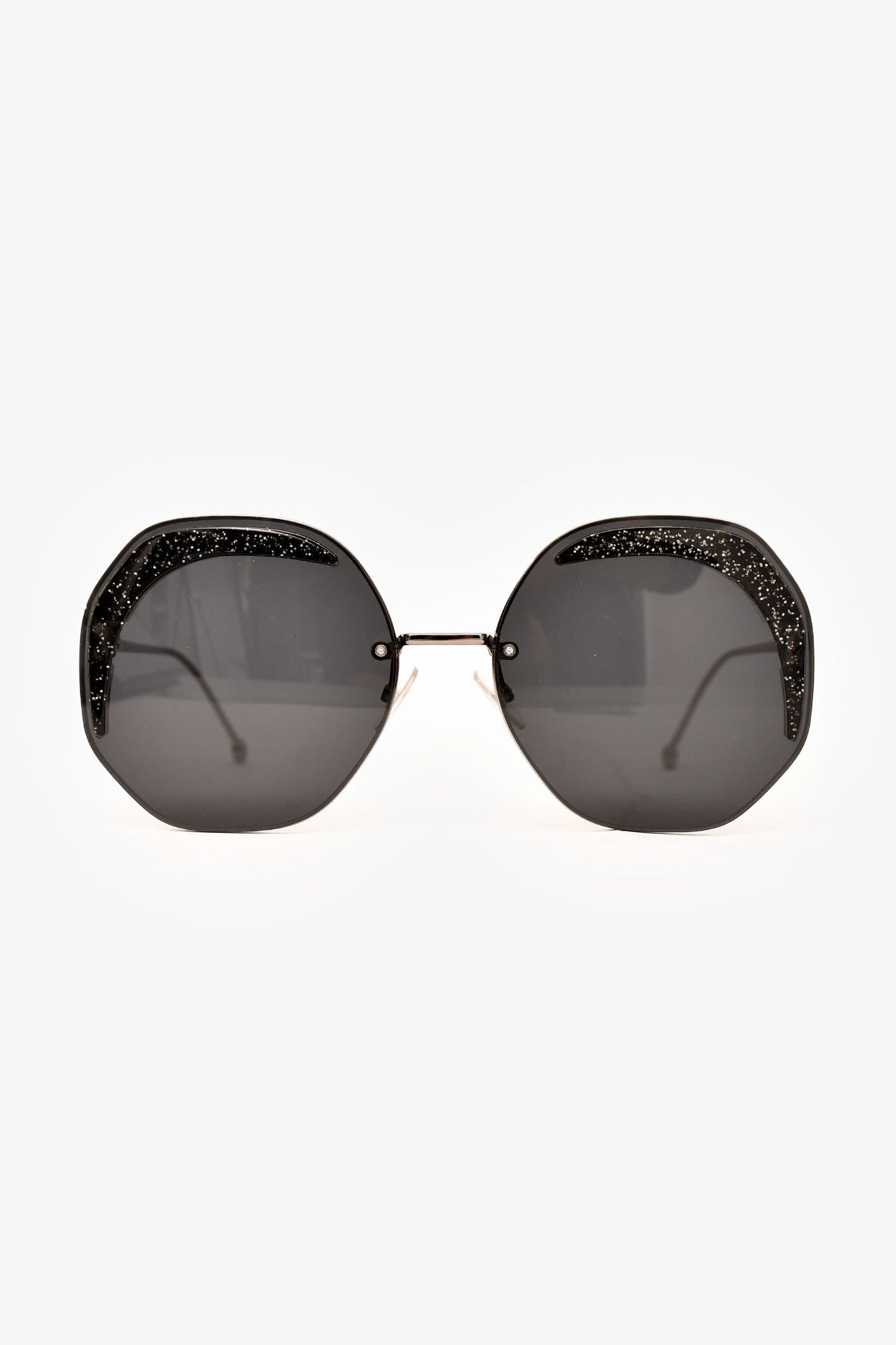 Fendi Handbag Tone Glitter Octangular Sunglasses Black Silver