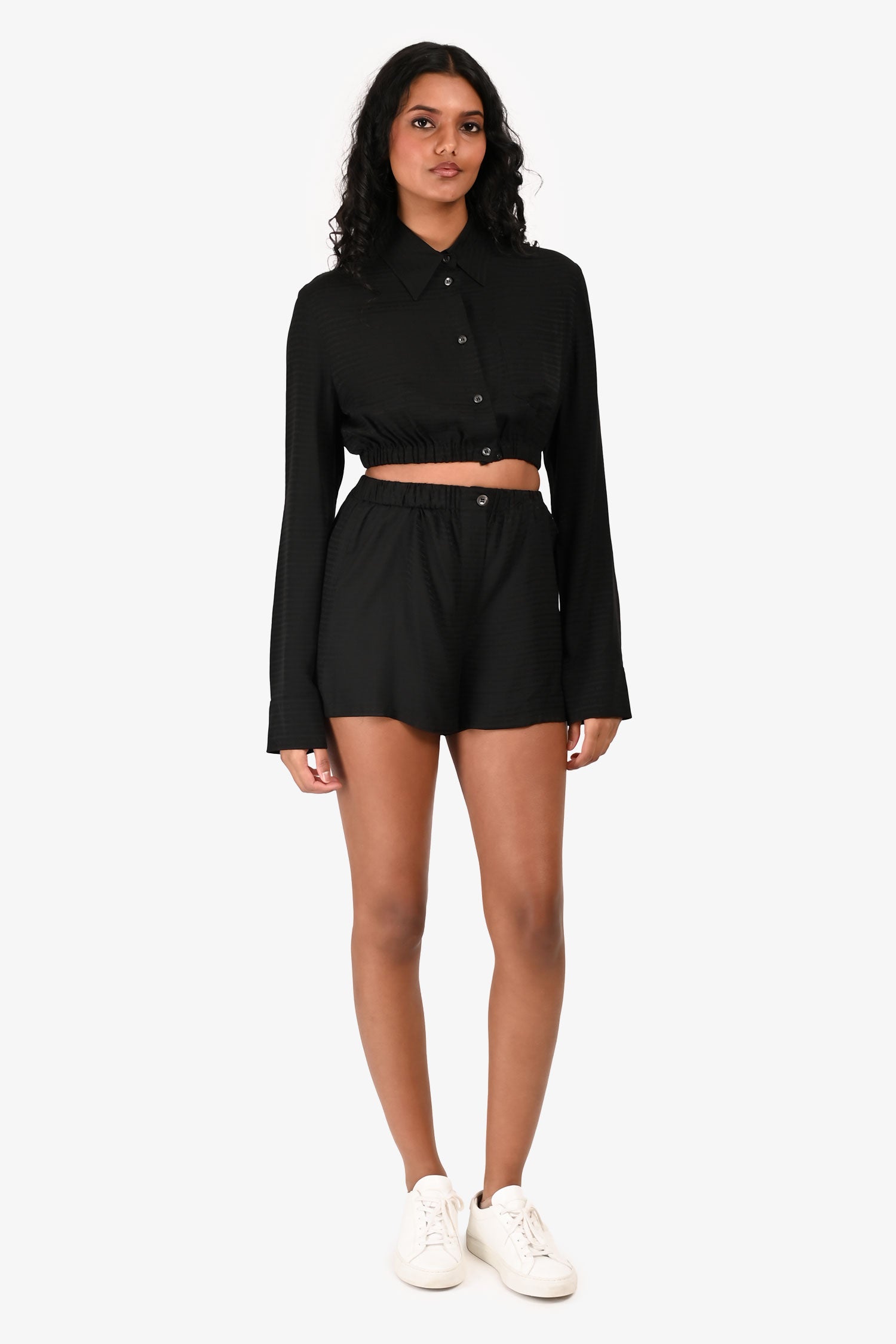 Prada Handbag Jacquard Silk Cropped Button-Up Top + Shorts Black Logo