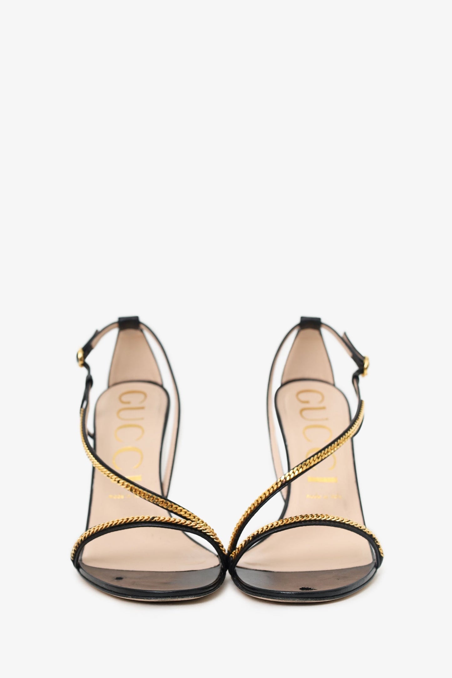 Gucci Black Leather 95mm Sylvie Chain Sandals Size 39.5