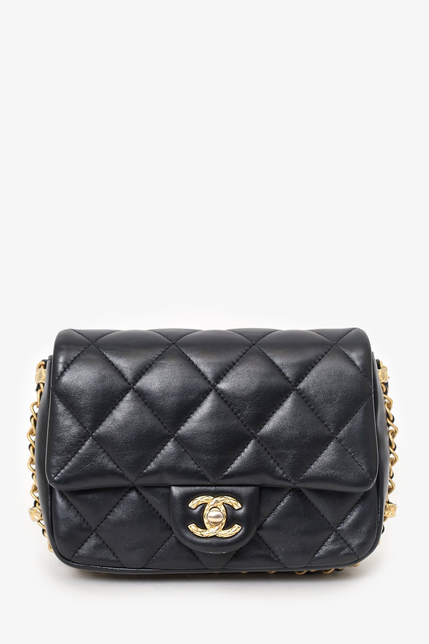 Chanel™ Black Quilted Lambskin Chain Around Mini Square Flap Bag