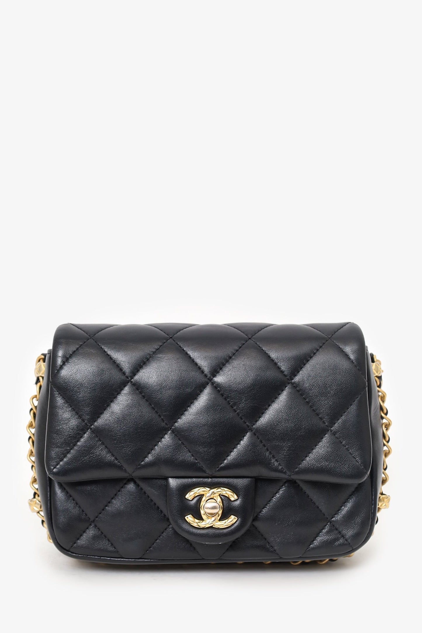 Chanel™ 2023 Black Quilted Lambskin Chain Around Mini Square Flap Bag