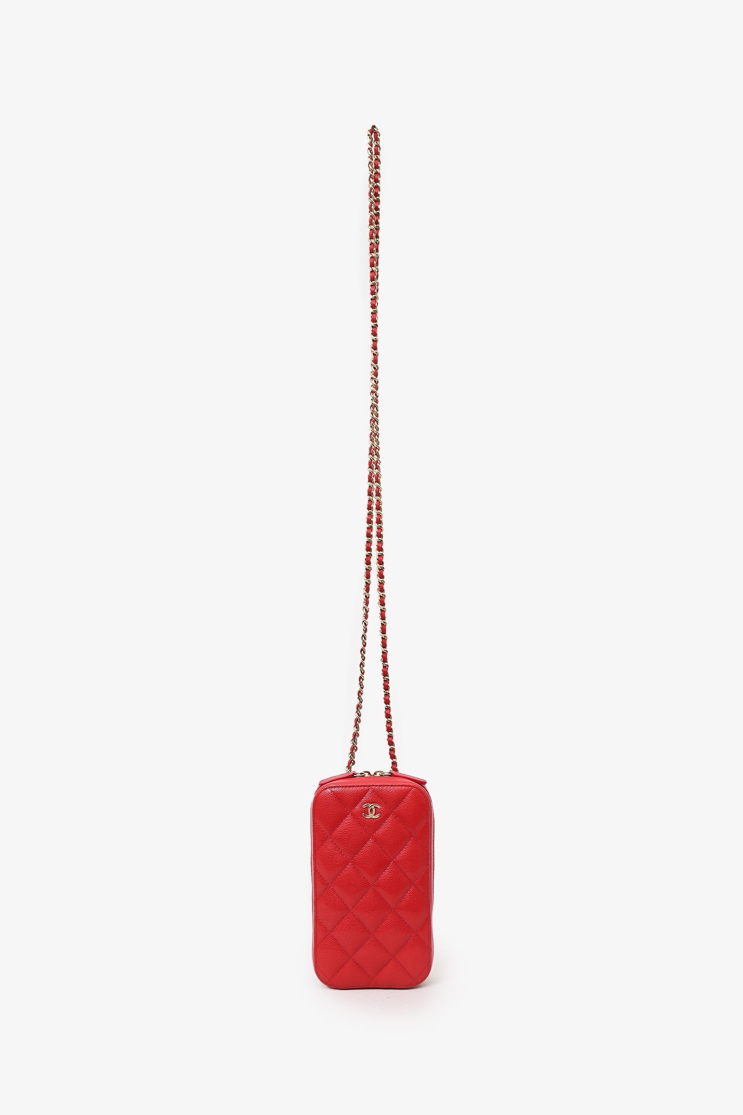Chanel™ Red Caviar Vertical Zip Around Phone Chain Bag