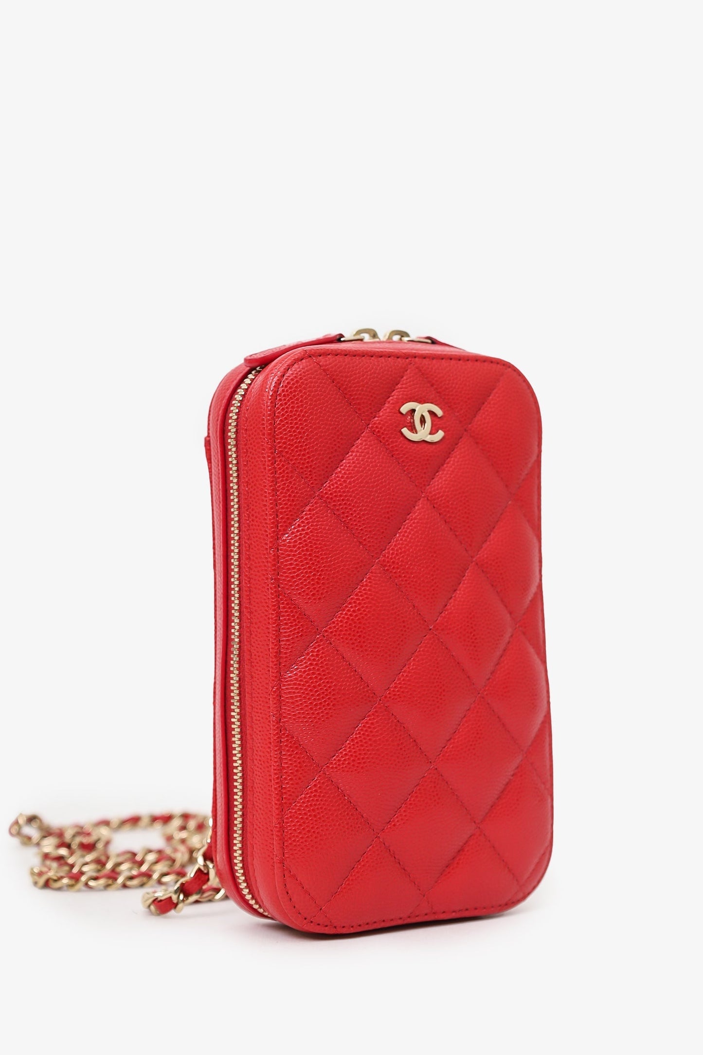 Chanel™ Red Caviar Vertical Zip Around Phone Chain Bag