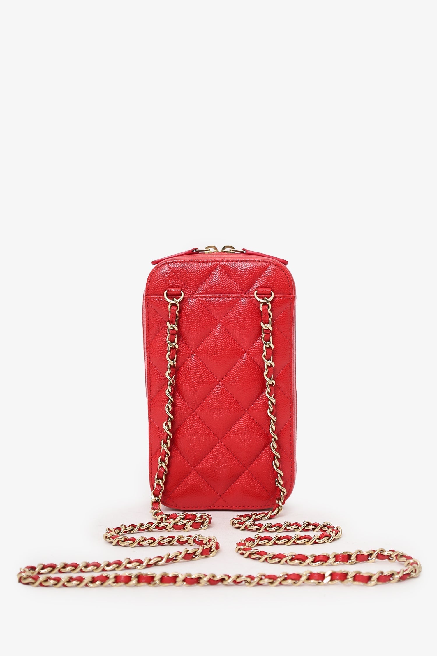 Chanel™ Red Caviar Vertical Zip Around Phone Chain Bag