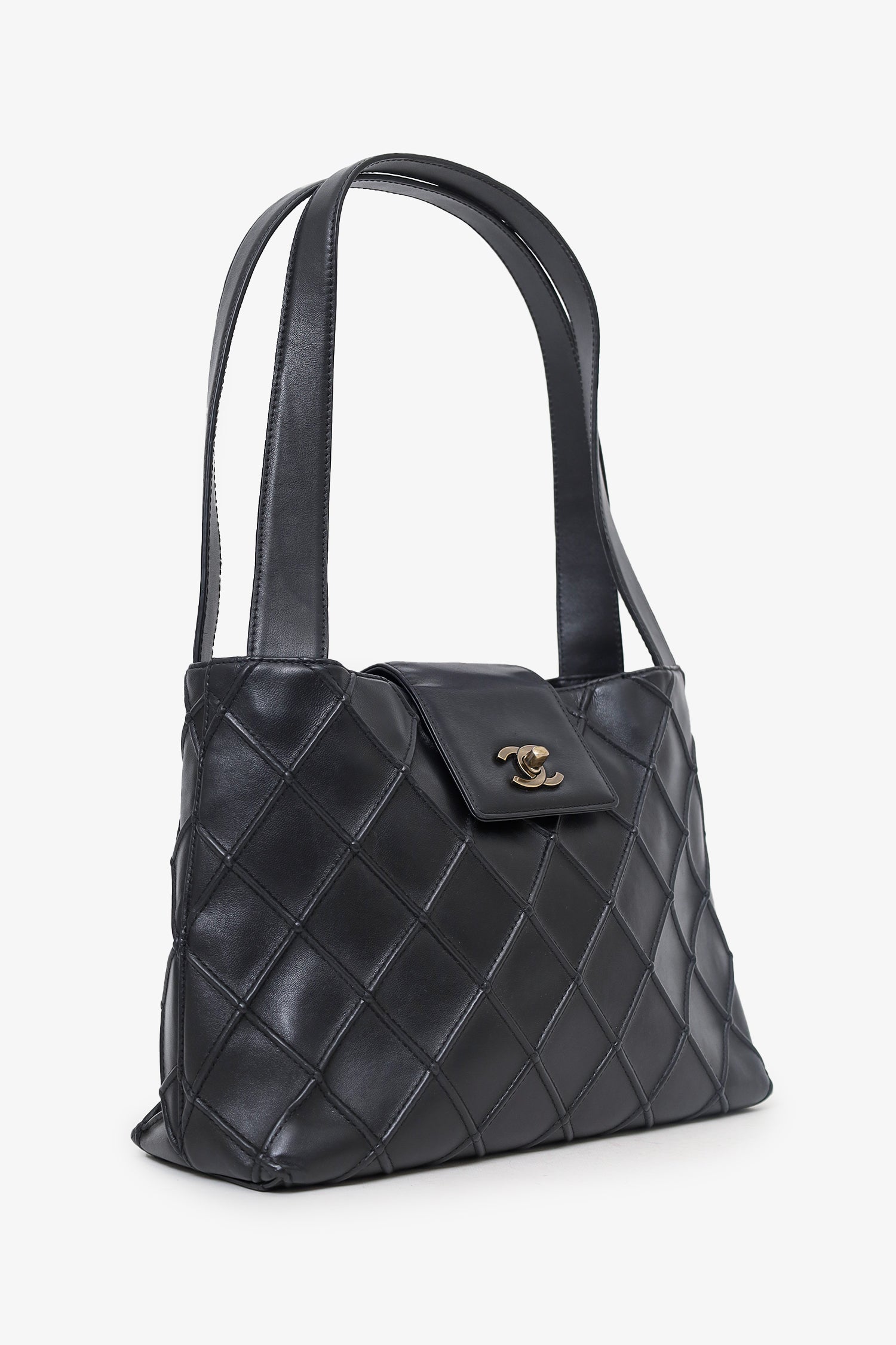 Chanel™ -02 Black Leather Diamond Stitch Cc Hobo Shoulder Bag With Pouch