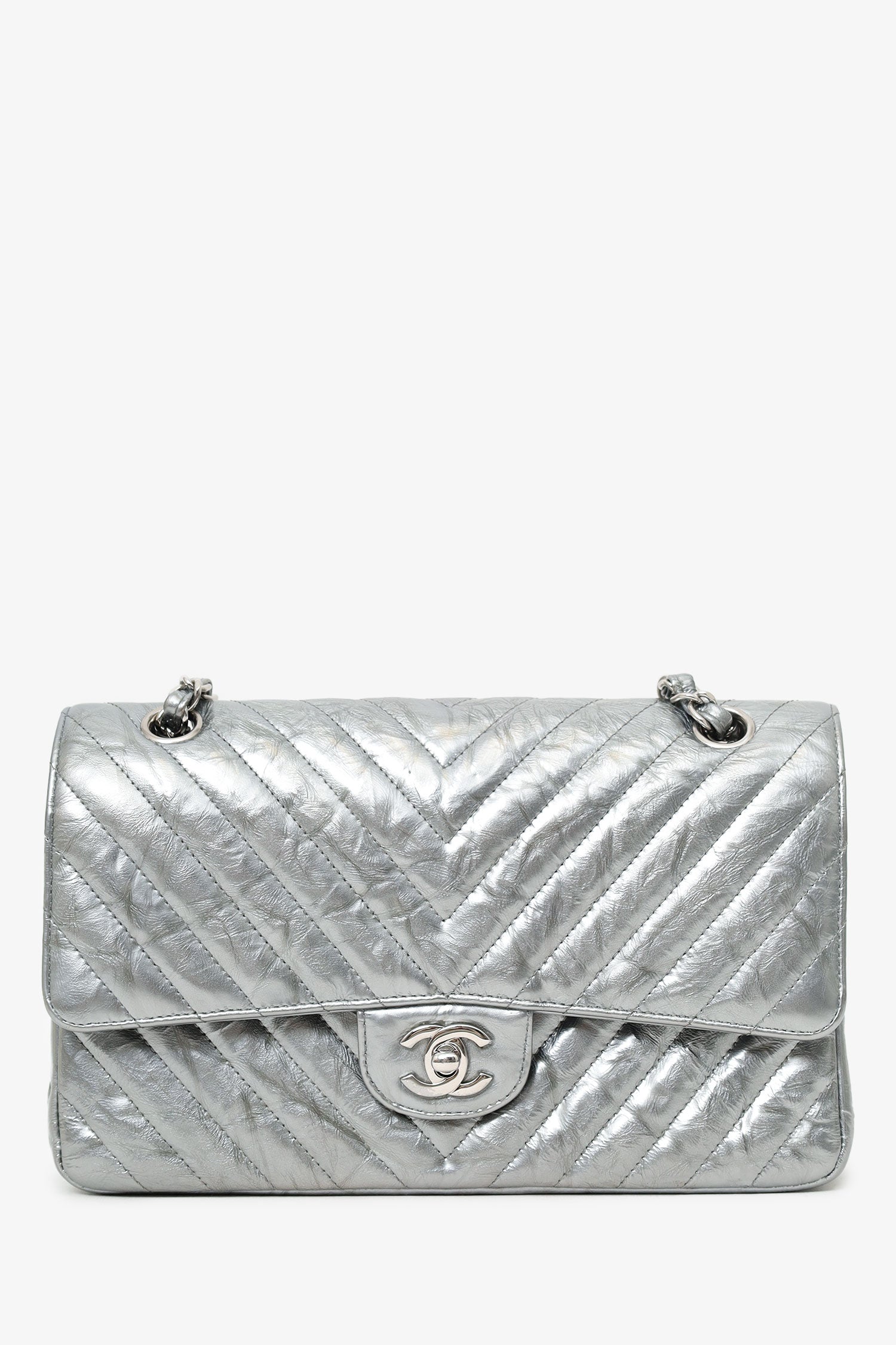 Chanel™ Silver Metallic Patent Crumpled Calfskin Chevron Quilted Medium Double Flap Bag