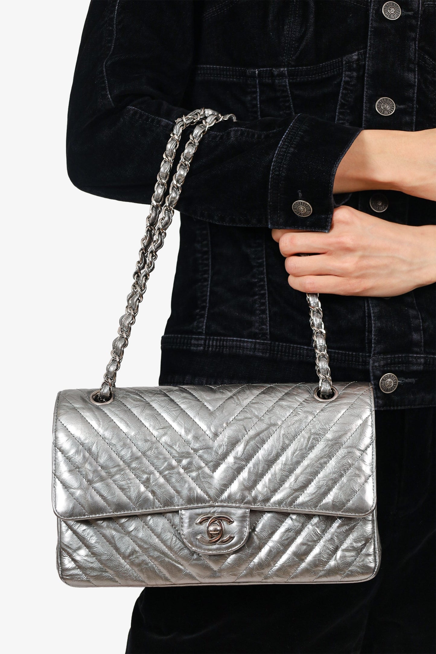 Chanel™ 2018 Silver Metallic Patent Crumpled Calfskin Chevron Quilted Medium Double Flap Bag
