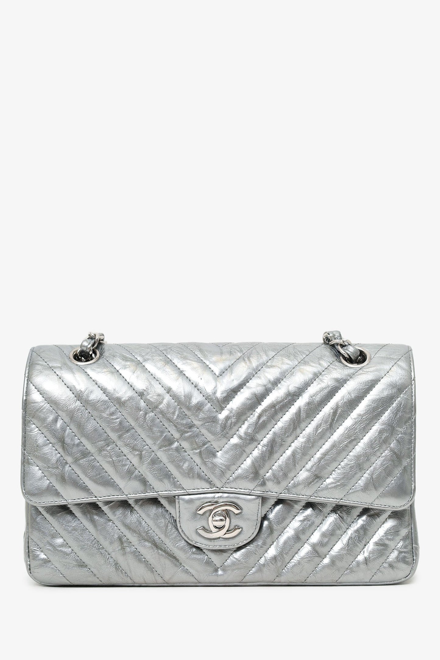 Chaneltm 2018 Silver Metallic Patent Crumpled Calfskin Chevron Quilted Medium Double Flap Handbag