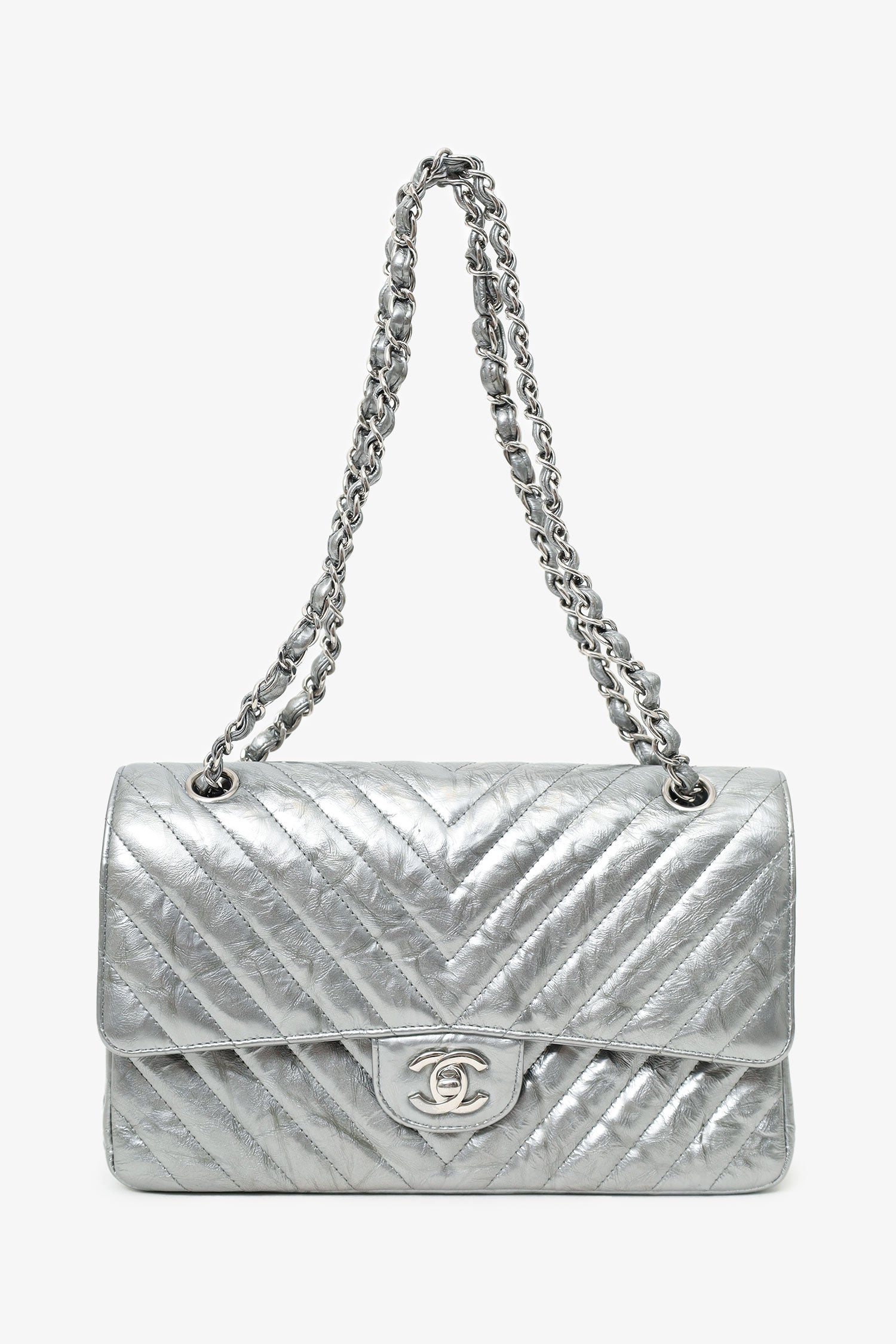 Chaneltm 2018 Silver Metallic Patent Crumpled Calfskin Chevron Quilted Medium Double Flap Handbag