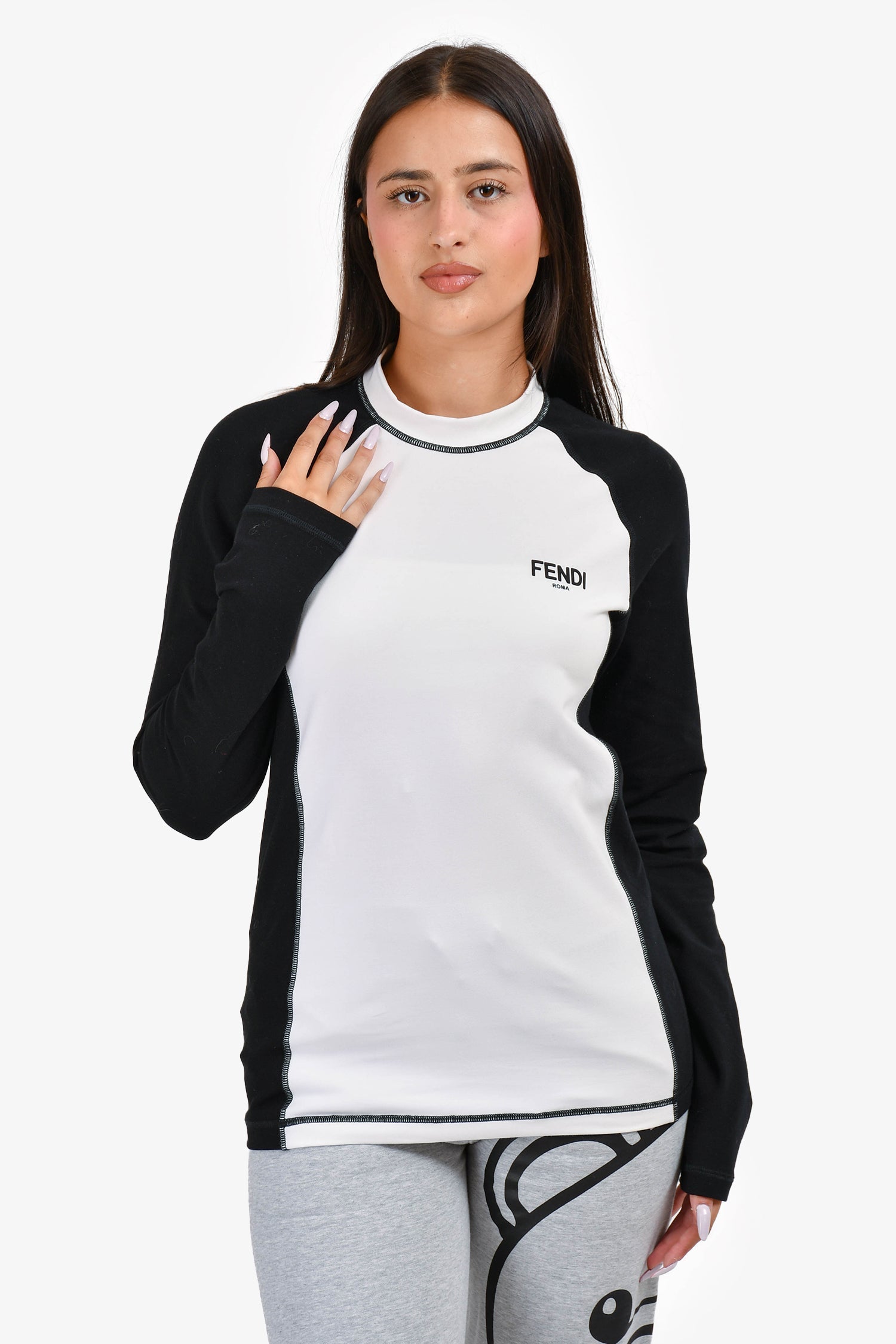 Fendi Handbag Long Sleeve Top Black White Logo