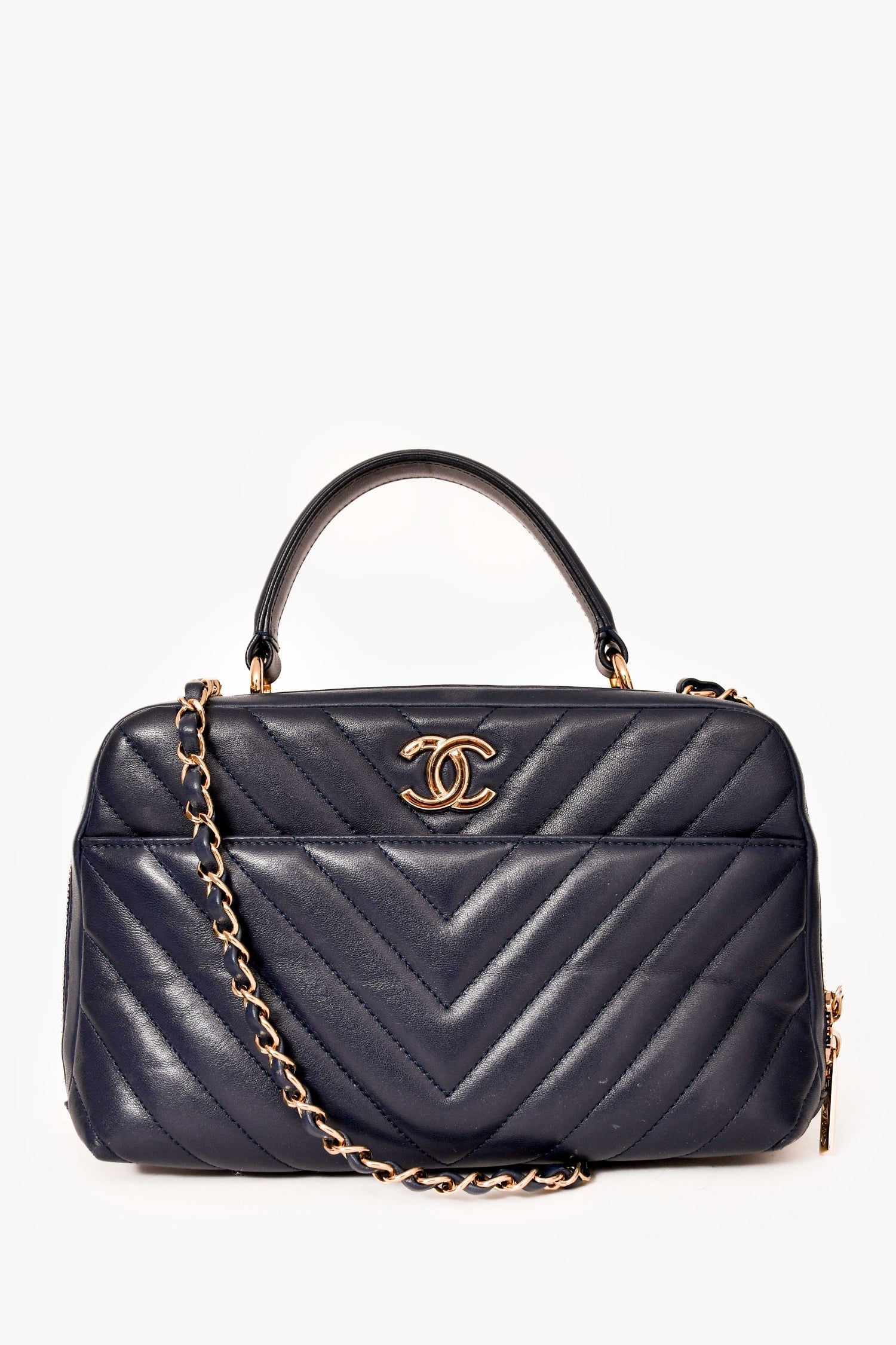 Chanel™ Navy Chevron Leather Medium Trendy Bowling Top Handle Bag