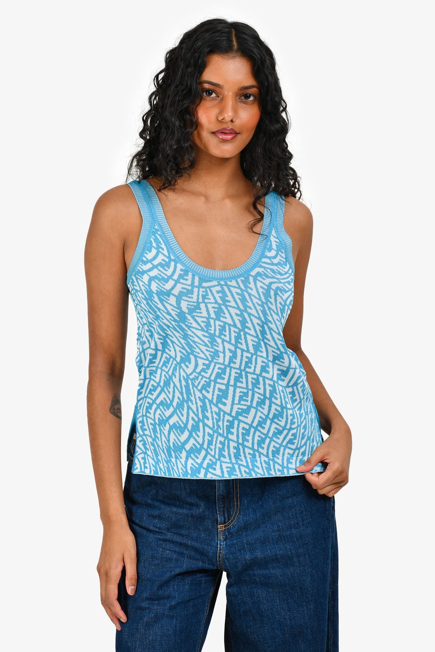 Fendi Handbag Scoop Neck Sleeveless Top Blue Logo