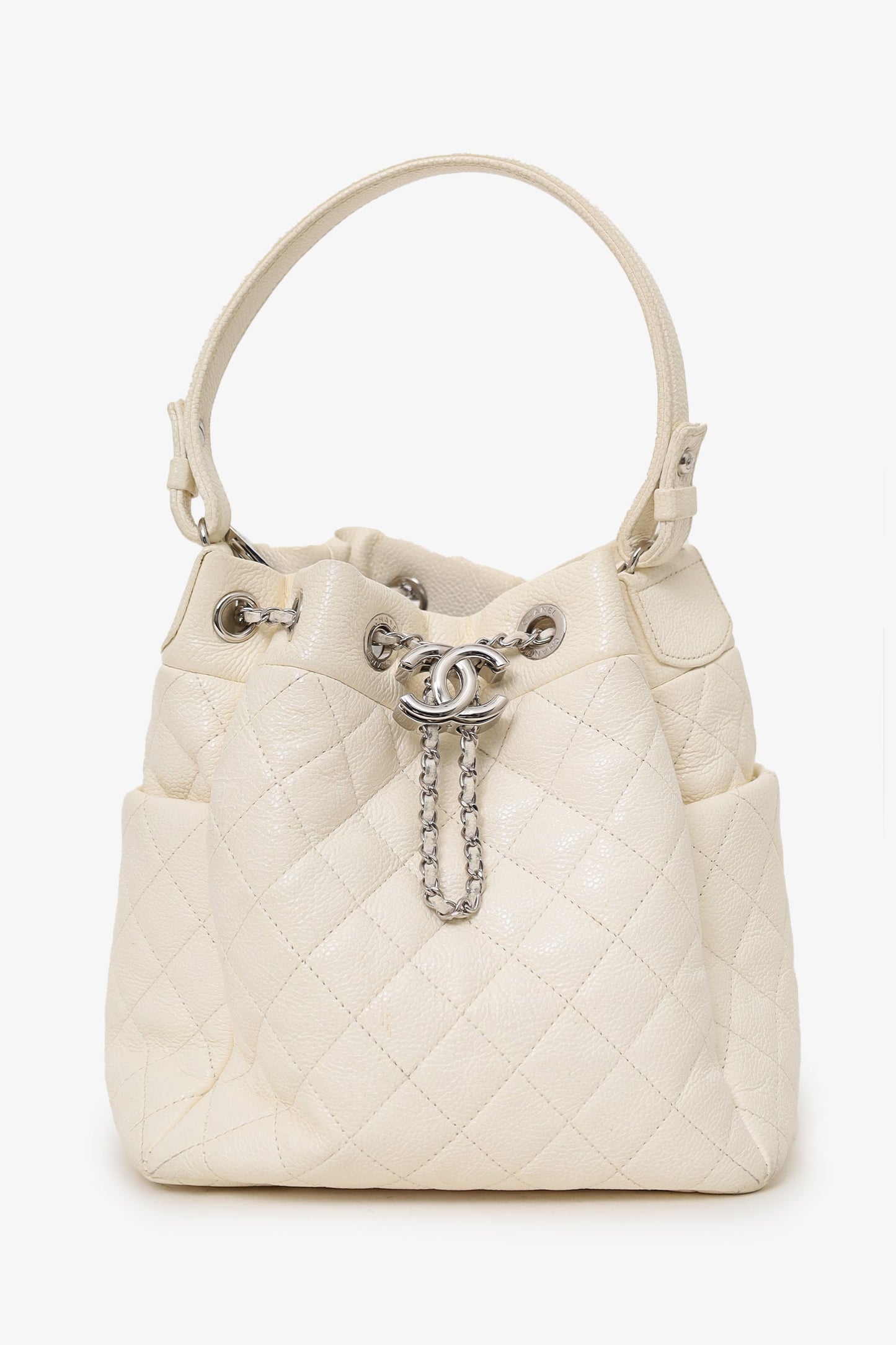 Chanel™ -20 Cream Caviar Leather Cc Chain Drawstring Bucket Bag