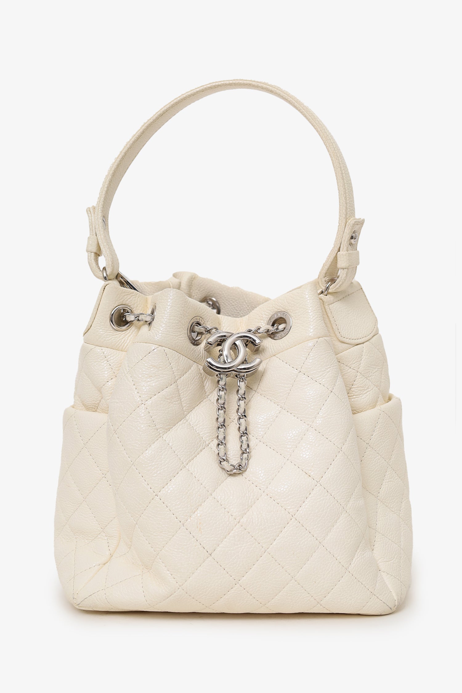 Chanel™ -20 Cream Caviar Leather Cc Chain Drawstring Bucket Bag