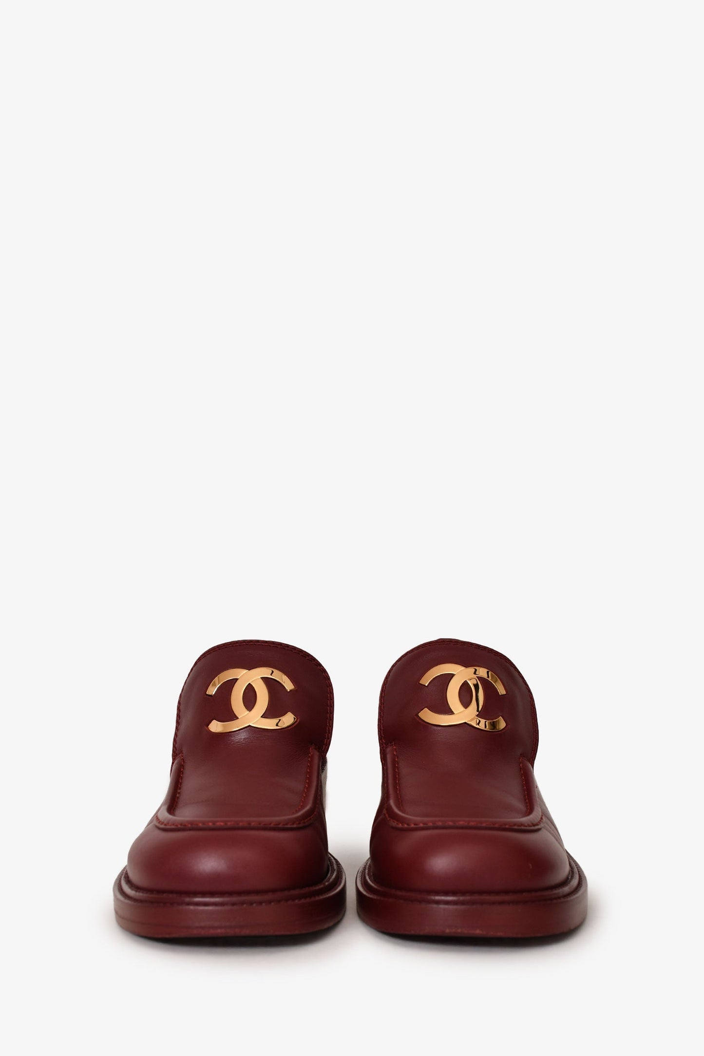 Chanel™ Burgundy Leather Gold CC Loafers Size 37C