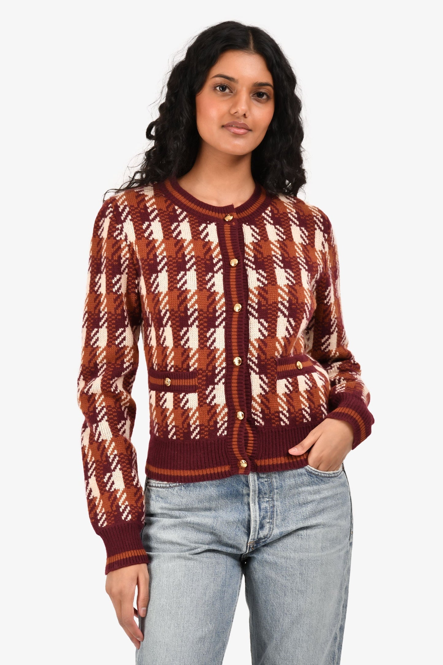 Prada Handbag Wool Plaid Sweater Brown Red