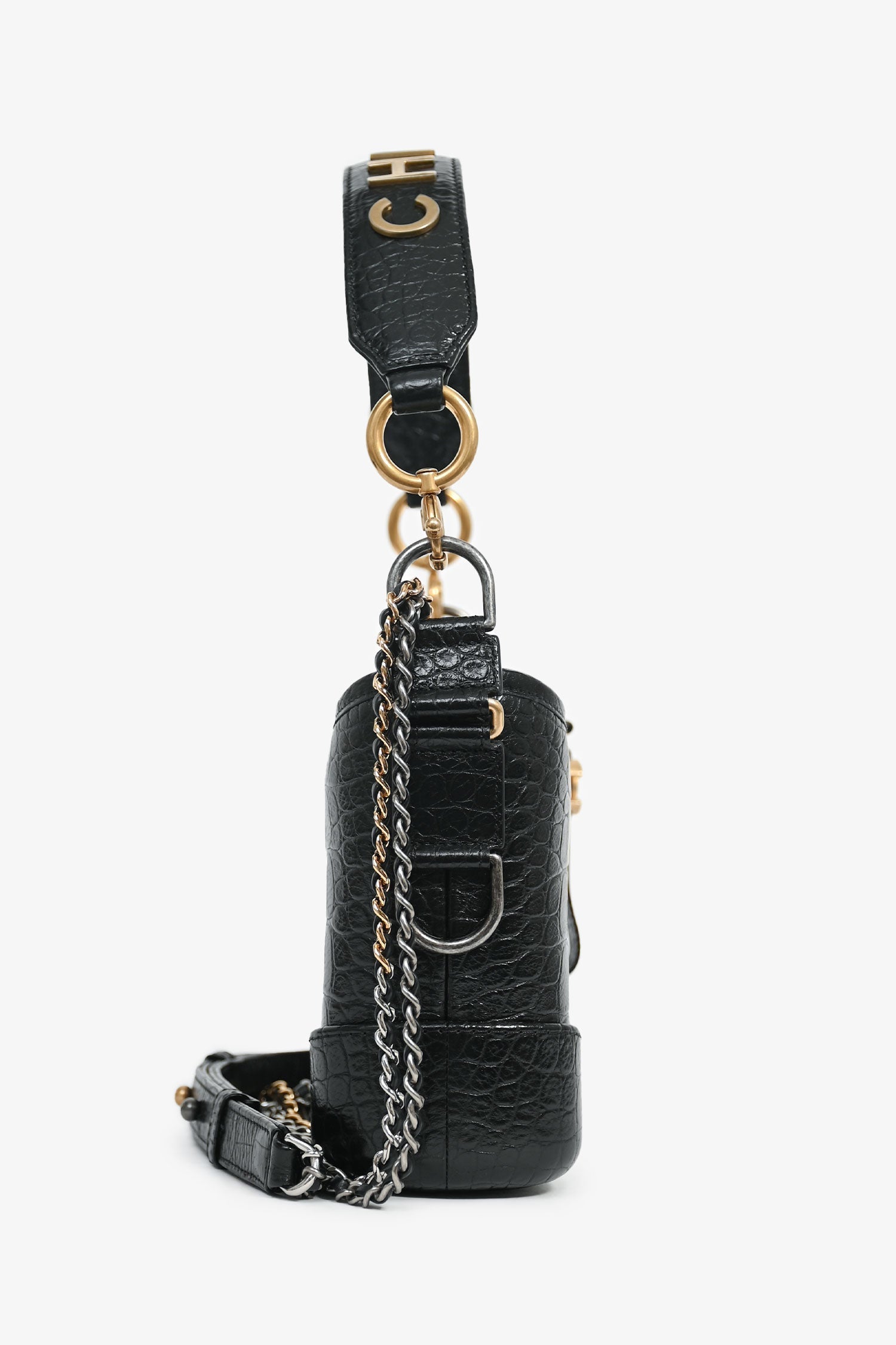 Chaneltm 2019 20 Black Croc Embossed Leather Medium Gabrielle Crossbody Bag with Logo Strap