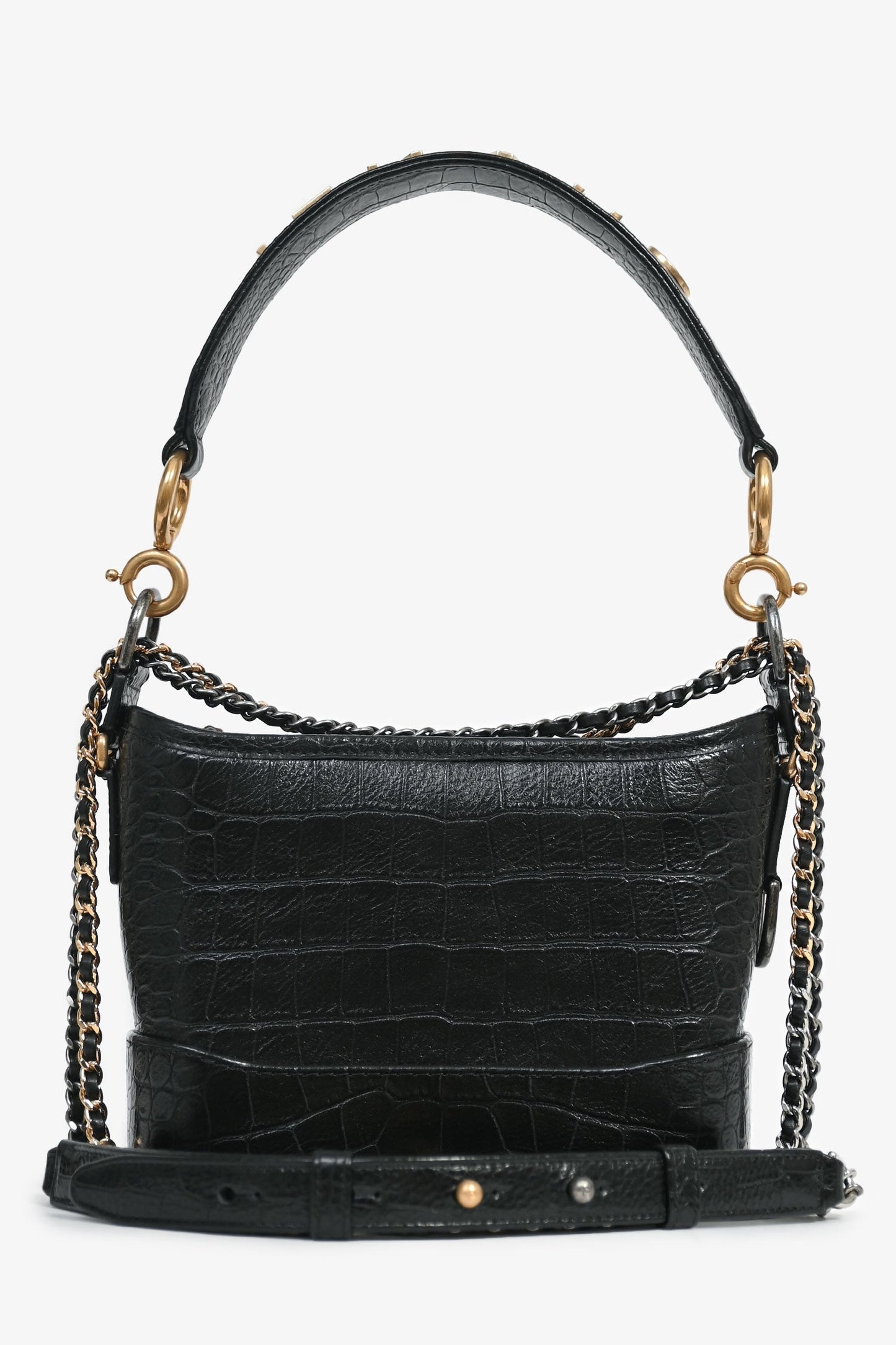 Chanel™ -20 Black Croc Embossed Leather Medium Gabrielle Crossbody Bag With Logo Strap