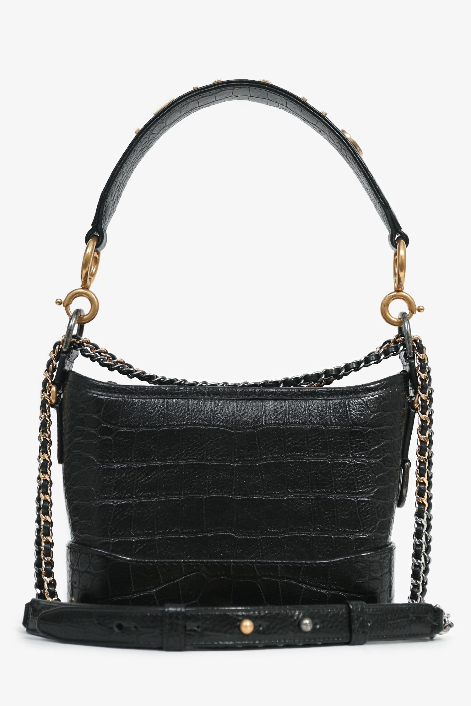 Chanel™ -20 Black Croc Embossed Leather Medium Gabrielle Crossbody Bag With Logo Strap