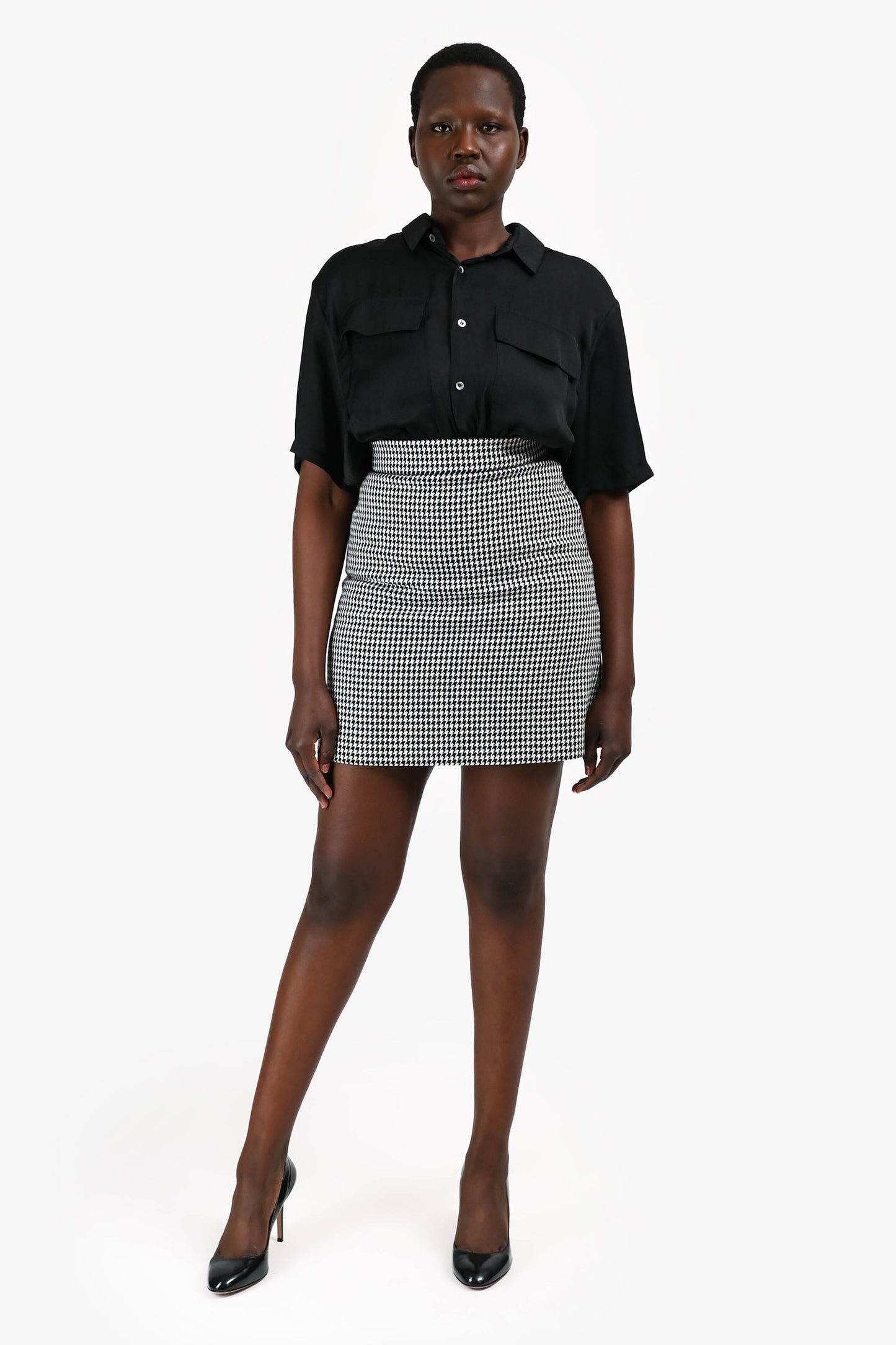 Dior Handbag Christian Houndstooth Wool Skirt Black White