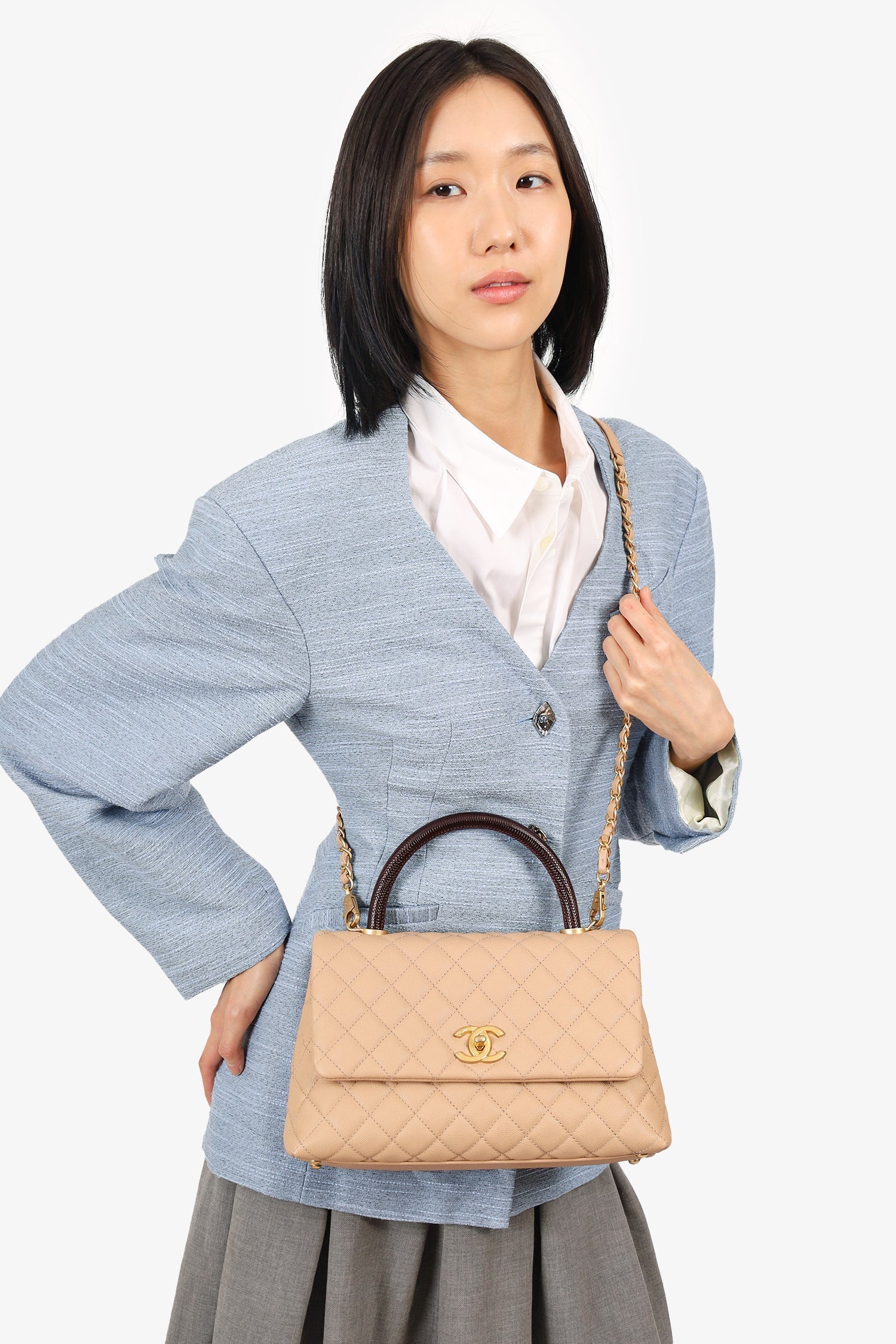 Chanel™ -20 Beige Caviar Leather Small Coco Handle With Strap Bag