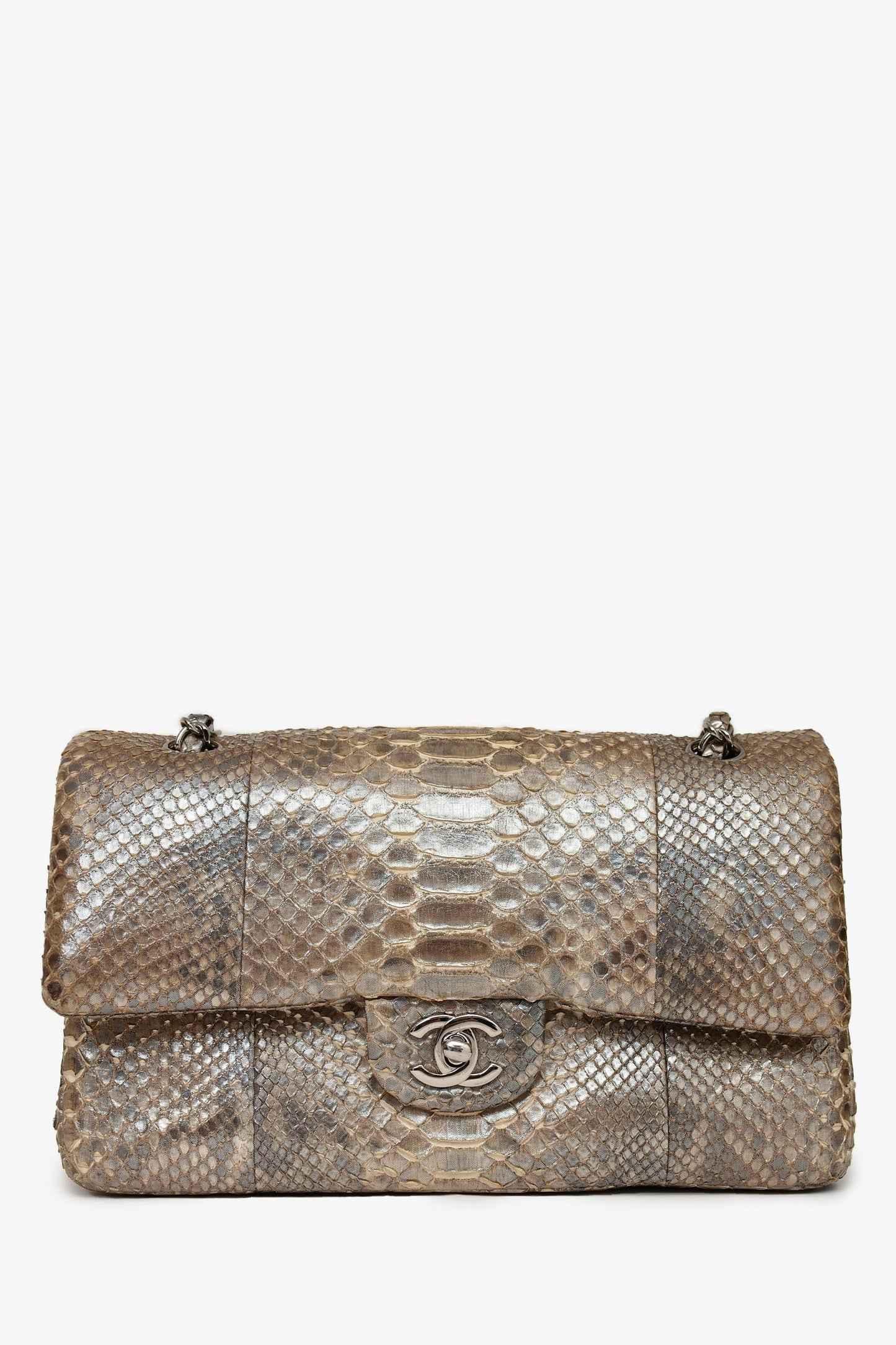 Chanel™ Silver Metallic Python Leather Classic Double Flap Bag