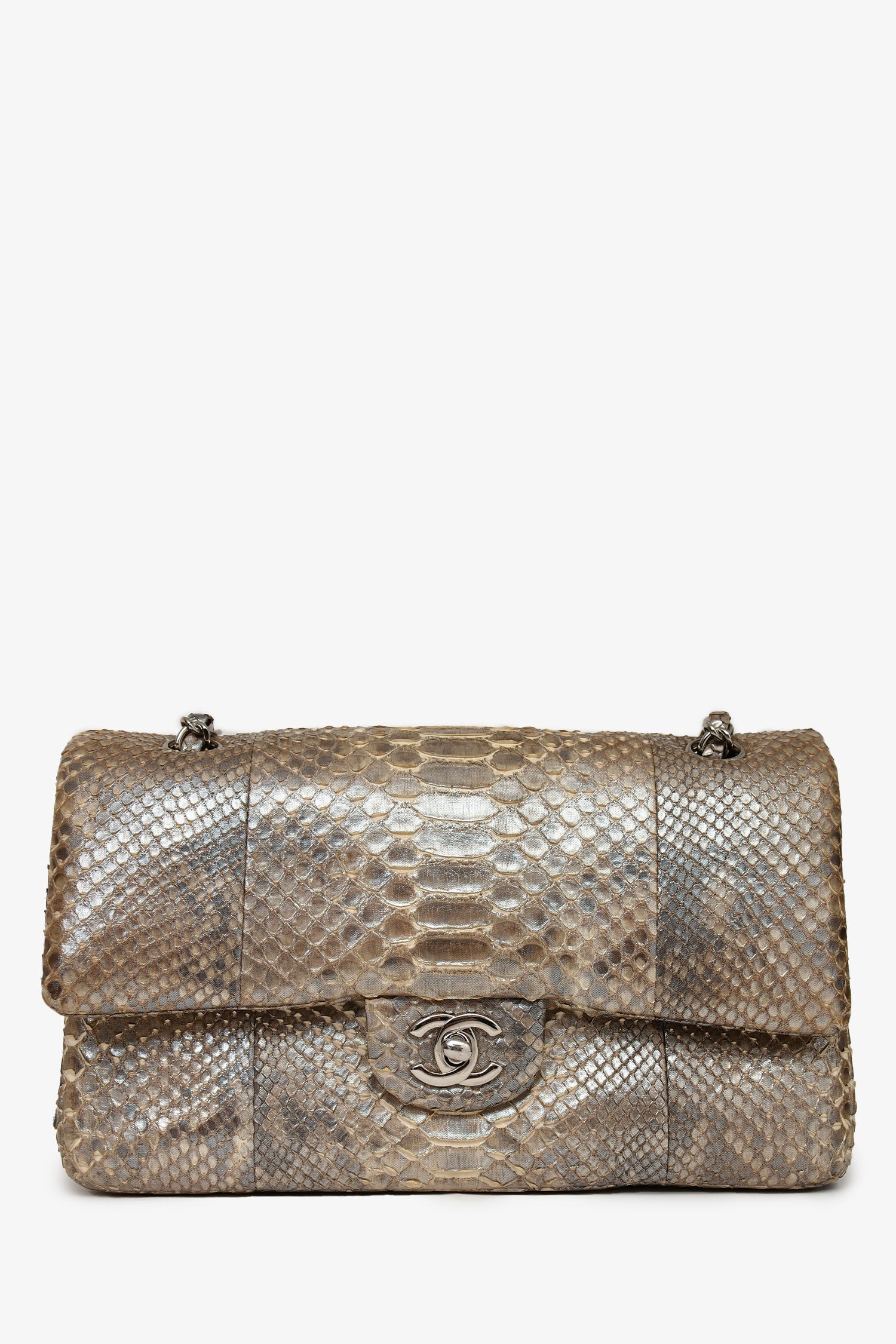 Chanel™ Silver Metallic Python Leather Classic Double Flap Bag