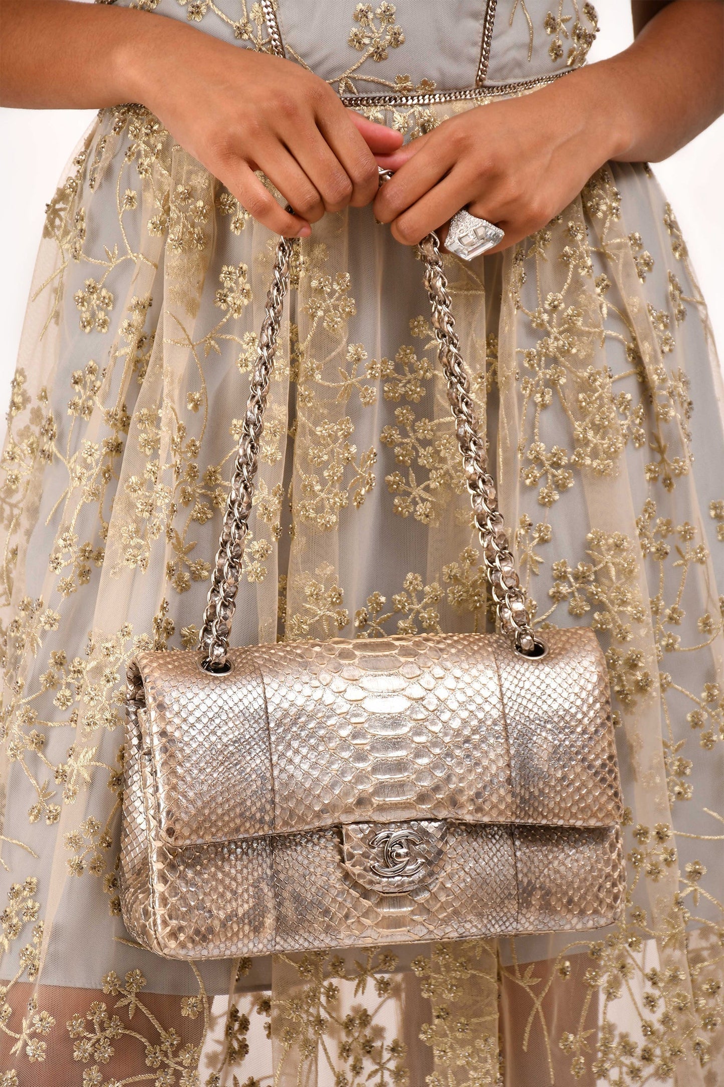Chanel™ 2012 Silver Metallic Python Leather Classic Double Flap Bag