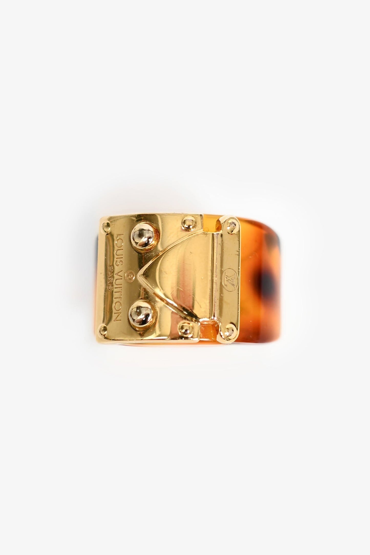 Louis Vuitton Brown Tortoiseshell Resin Gold Toned 'Lock Me' Ring Size L