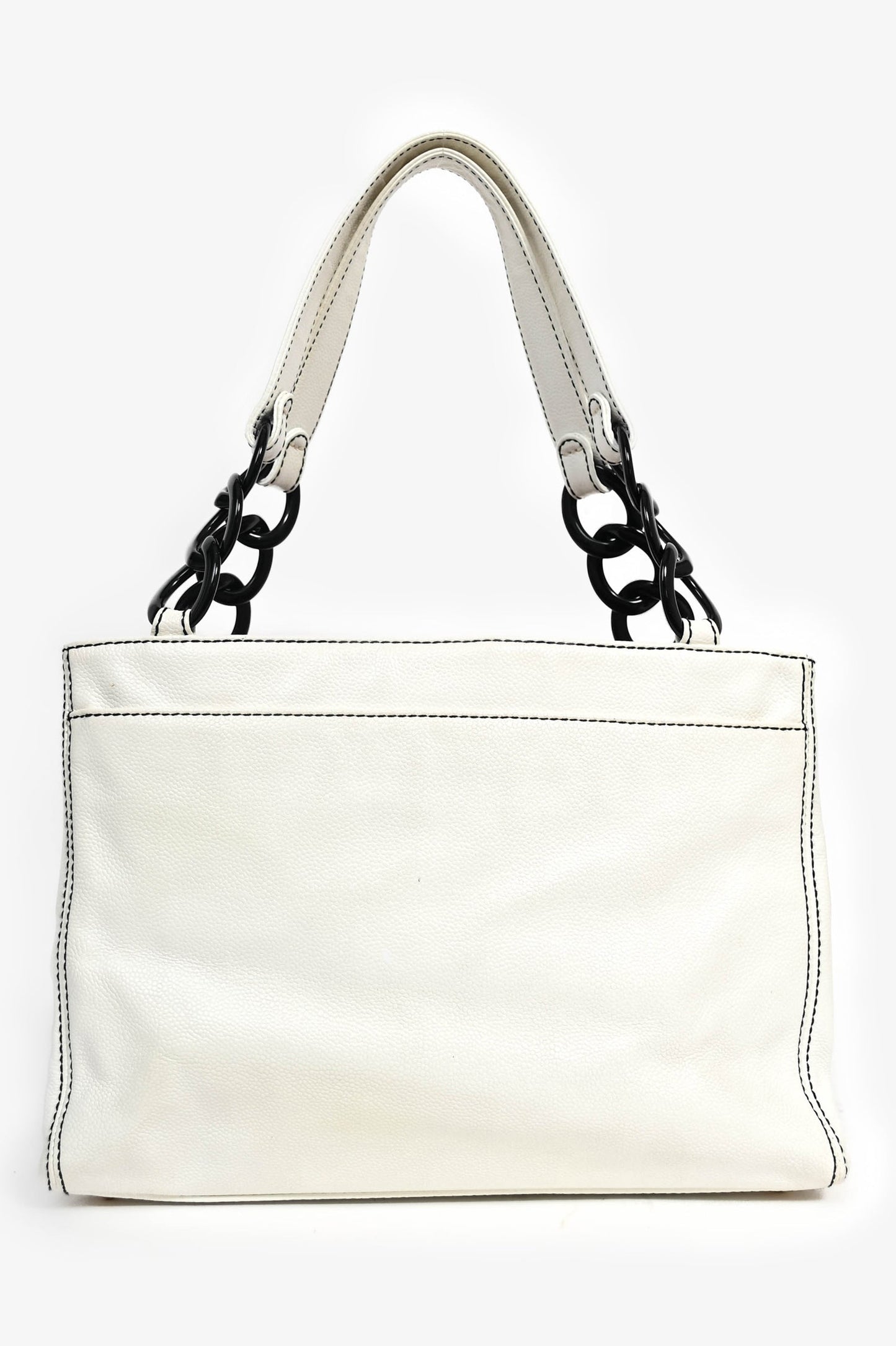 Chanel™ -05 White Caviar Leather Black Resin Cc Chain Link Tote Bag